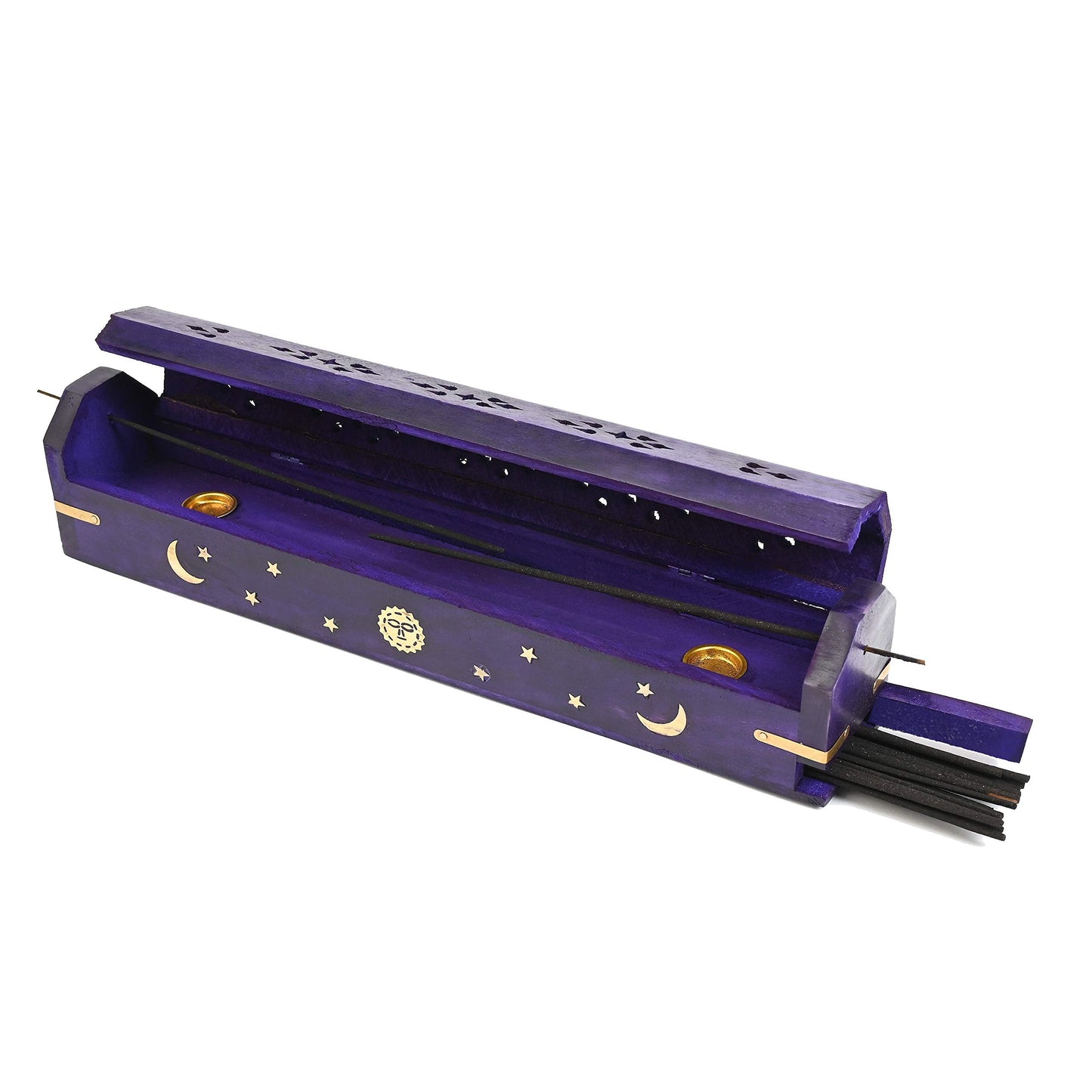 Incense Garden Pack of 2 Incense Stick Holder - Coffin Style - Wood Incense Stick Burner with Sun Moon Star Inlays Handmade with Brass Inlays (Purple)