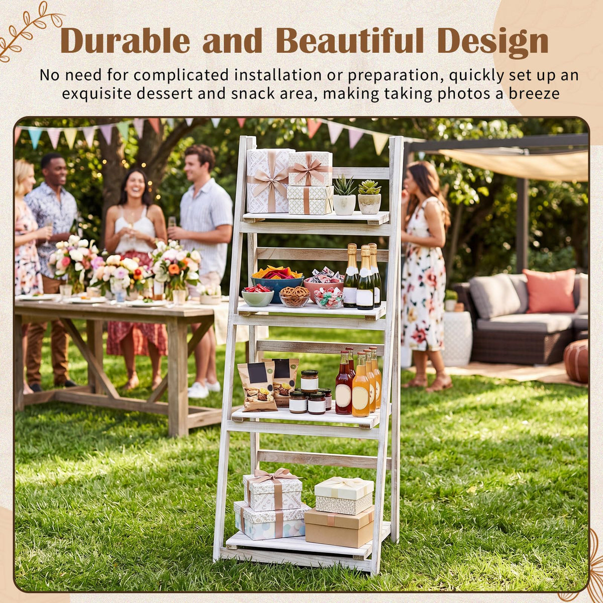 Sintuff White Wooden 4-tier Foldable Ladder Shelf, Sturdy Dessert & Snack Display Stand for Birthday Party & Wedding, Indoor Stand Corner Storage Bookshelf, Rustic Storage Rack, No Tool Assembly