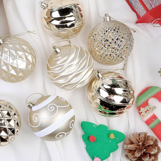 SHareconn 80mm Christmas Baubles,12PCS Colored Shatterproof Plastic Decorative Hanging Tree Decorations Baubles Set for Xmas Tree Decor Holiday Party Wedding Decoration with Lanyard,Gold & White