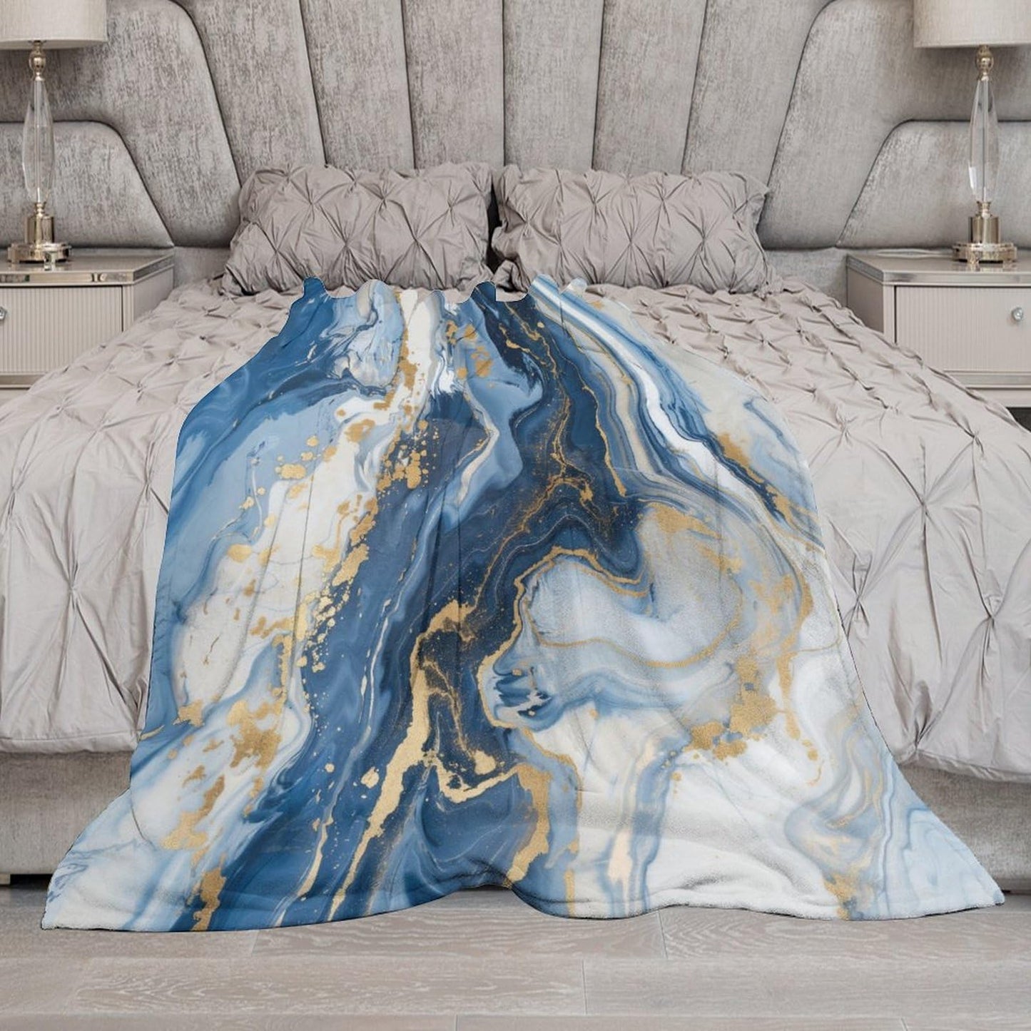 Marble Throw Blanket for Bed Sofa, 40"x50" Super Soft Warm Cozy Fluffy Plush Blanket, Modern Luxury Foil Texture Blue White Gold Marble Flannel Couch Blanket for Travel Camping