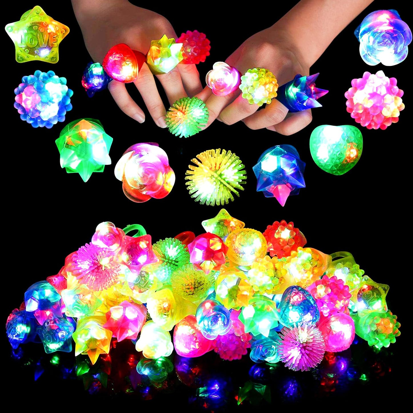 Sauyoza 38 Pack Light Up Rings Halloween Party Favors for Kids 4-8 8-12, Goodie Bags Stuffers Treasure Box Toys for Classroom Prizes, Birthday Glow in The Dark Party Supplies Favors for Kids