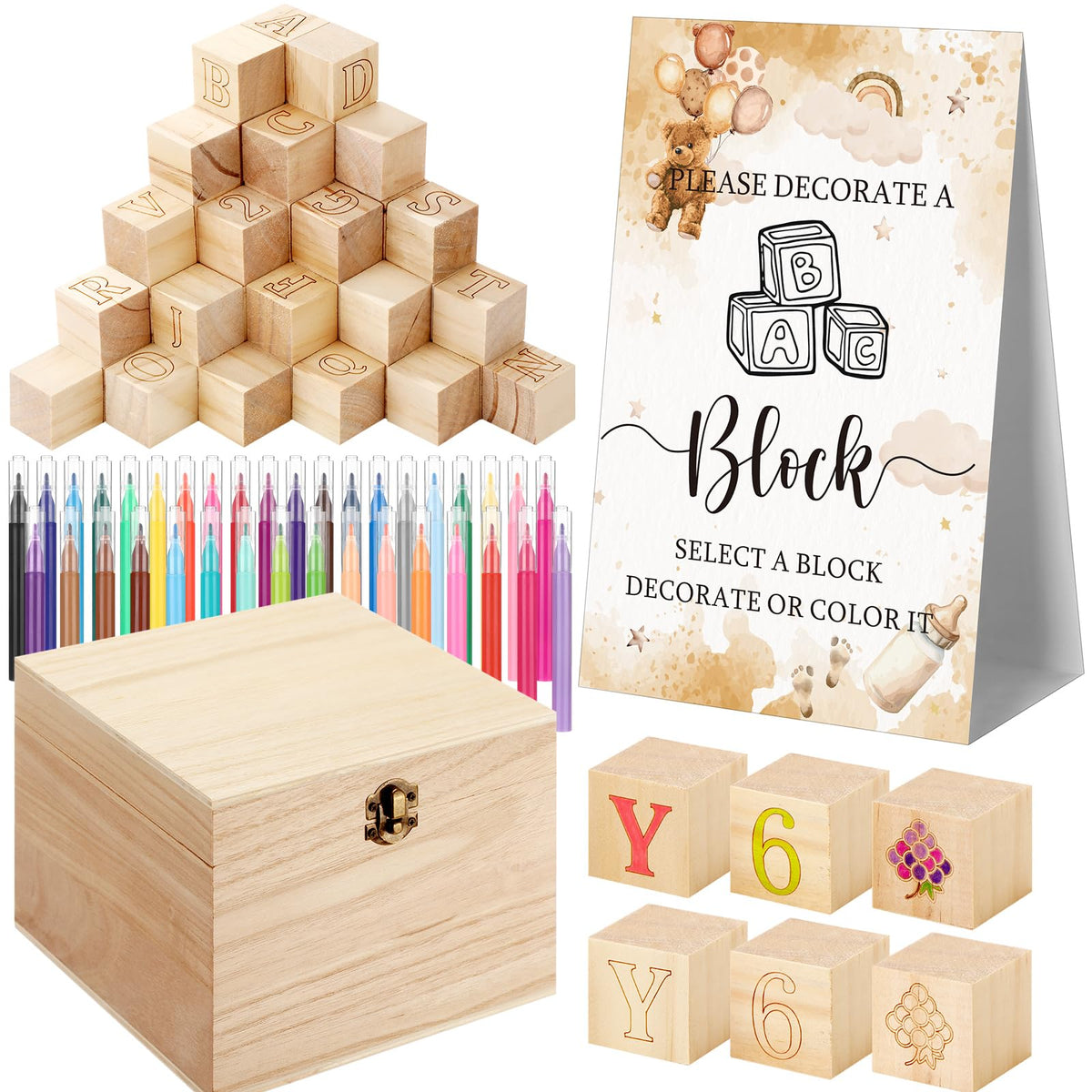Marsui 136 Pcs Baby Shower Blocks to Decorate Game Kit Includes 98 Wooden Blocks, 36 Markers, 1 Game Sign, 1 Storage Box for Baby Shower Gender Reveal Activity Party Decorations(Brown Bear)