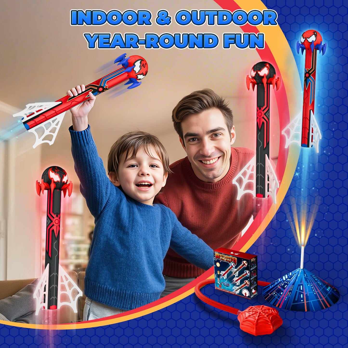 Spider Rocket Launcher for Kids, 4 Spider Rockets with Web Air Pump, Stomping Launch up Toys, Outdoor Outside Spider Toys Gifts for 3 4 5 6 7 8 9 10 Year Old Boys Girls Age 3-4 4-6 6-8 Birthday Gift