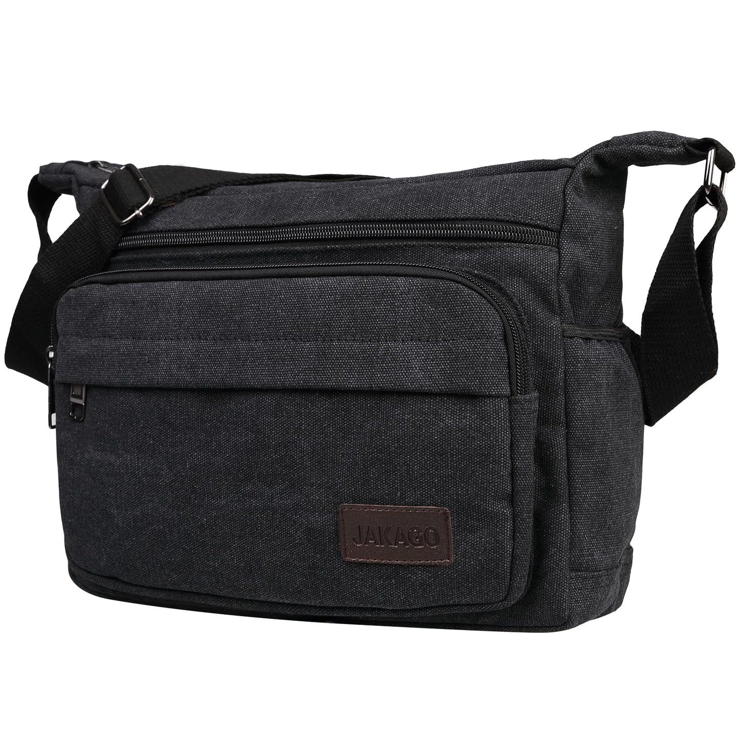 JAKAGO Messenger Shoulder Bag 13 Inch, Multi Pockets Canvas Crossbody Bag for Men/Woman,Casual Lightweight Satchel for Travel Outdoor Hiking Working Daily Use (Black)
