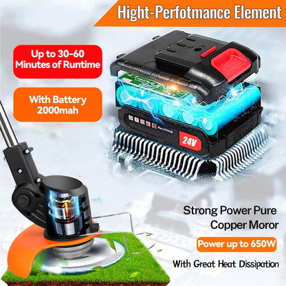Gompuy Strimmer, Cordless Garden Strimmer with Blades, Grass Trimmer 90° Head Adjustment, Electric Strimmer with 2 X 21V Battery and UK Charger, Brush Cutter is Suitable for Small and Medium Gardens