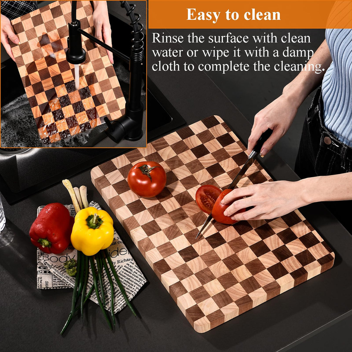 Bokaiya Checkered Cutting Board for Kitchen, 15.7"x11"x1" Thick Wood Checkerboard Chopping Board with Juice Groove& Handles, Butcher Block Serving Tray for Meat, Vegetables and Fruits