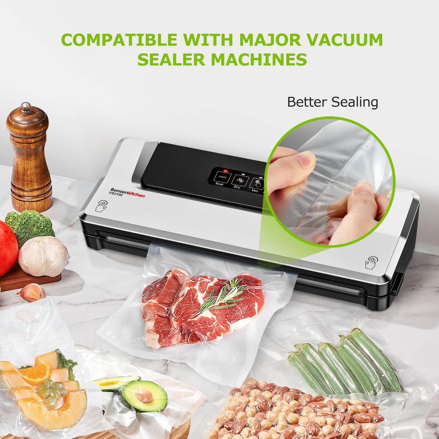 Bonsenkitchen Precut Vacuum Sealer Bags 200 Quart 8" x 12", BPA Free, Commercial Grade Textured Food Vacuum Sealer Bag, Thick Embossed Bags for Storage and Sous Vide Cooking VB3208