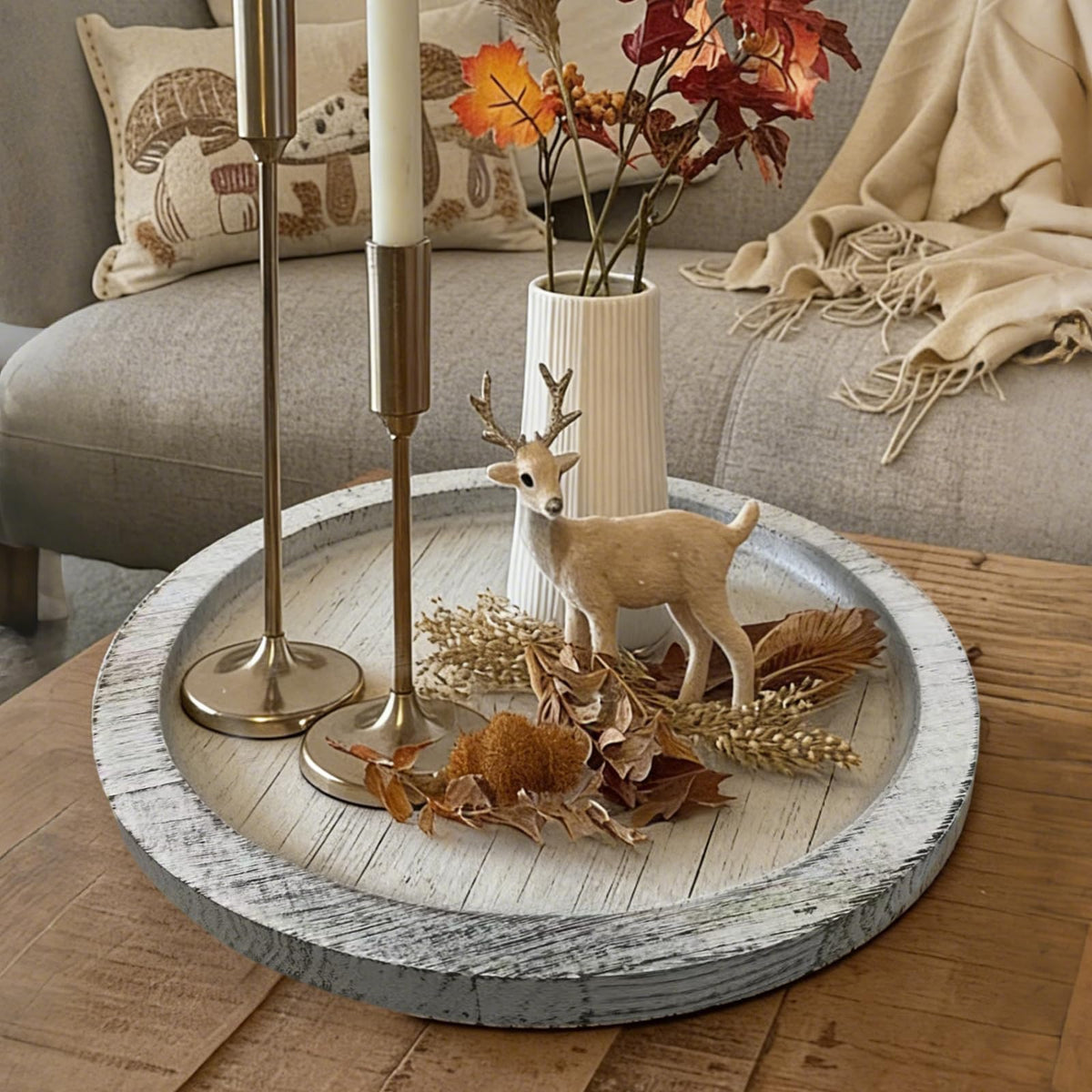 Ailhl Candle Plate Holder Tray: Round Wooden Decorative Candle Plate Small Farmhouse Table Centerpiece Rustic White Wood Tealight Pillar Trays for Home Decor (Distressed)