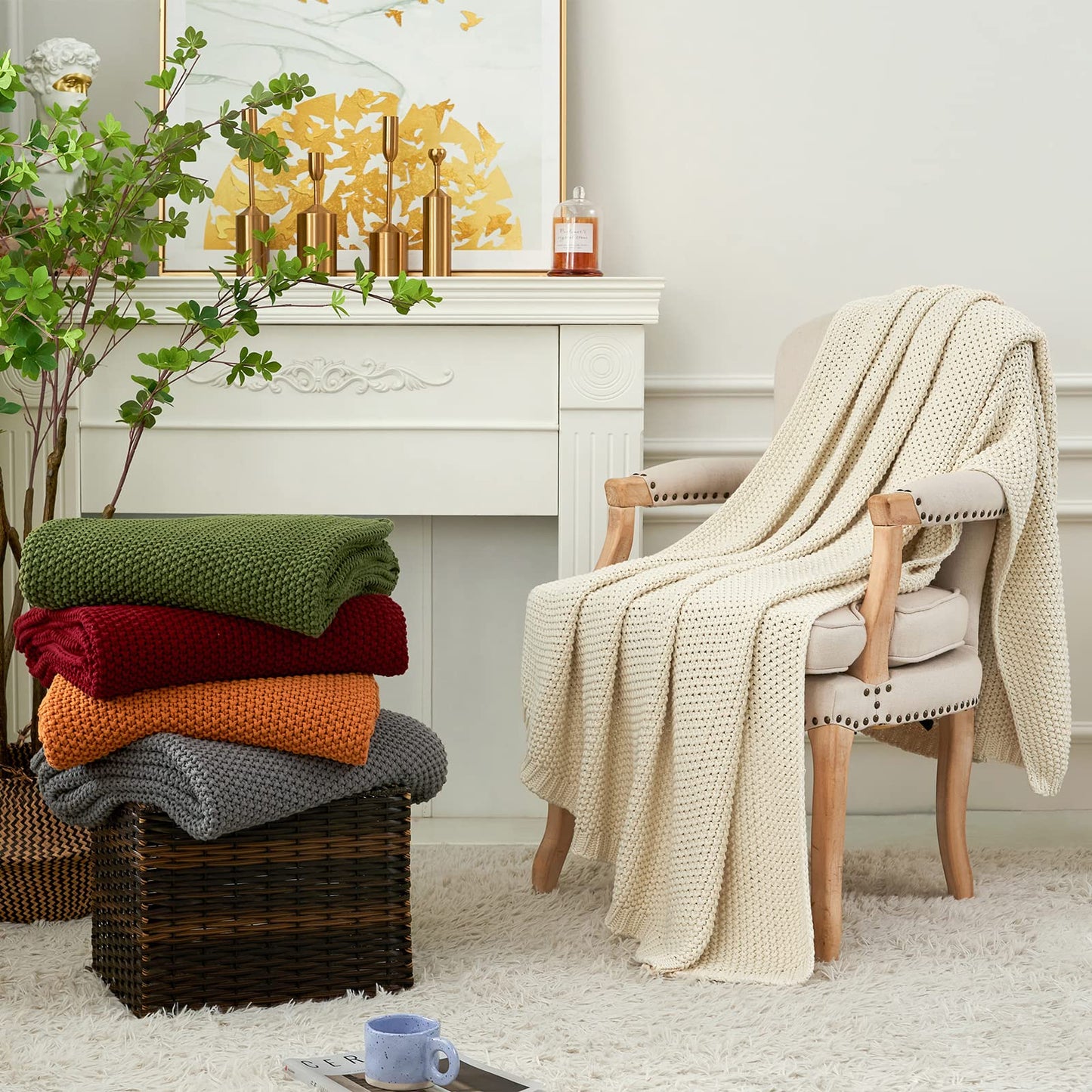 Longhui bedding Chunky Cable Knit Throw Blanket Lightweight Burgundy 100% Organic Cotton Blanket for Sofa Couch Bed Baby Nursery, Rustic Shabby Chic Modern Farmhouse, 51” x 63” Give Laundering Bag