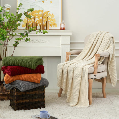 Longhui bedding Chunky Cable Knit Throw Blanket Lightweight Burgundy 100% Organic Cotton Blanket for Sofa Couch Bed Baby Nursery, Rustic Shabby Chic Modern Farmhouse, 51” x 63” Give Laundering Bag