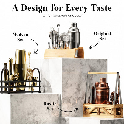 BARE BARREL® Mixology Bartender Kit Bar Set | 14-Piece Cocktail Shaker Set | Martini Barware Mixing Tools for Home Bartending | Incl. 35 Recipe Cards | Gift Set (24oz Cobbler Shaker, Silver/Black)