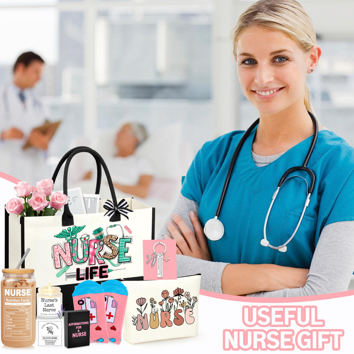 DOGMEM Nurse Gifts Nurse Appreciation Gift Set for Women Birthday Gift for Nurses Week Nurses Graduation Gifts for Her, Nursing Student with Canvas Bag Socks Affirmations Cards 16 Oz Can Glass