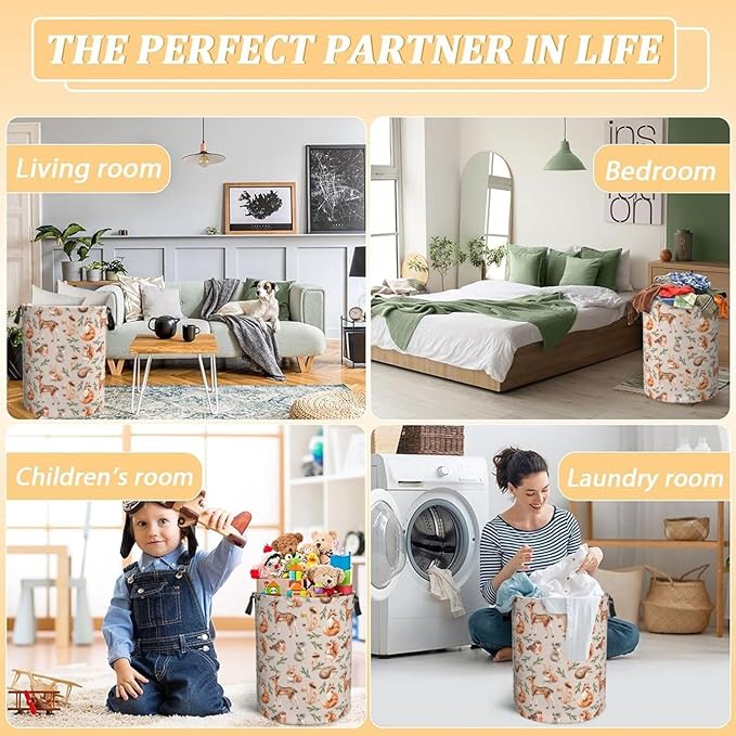 Forest Little Animal Laundry Hamper Bag, Deer Squirrel Hedgehog Fox Round