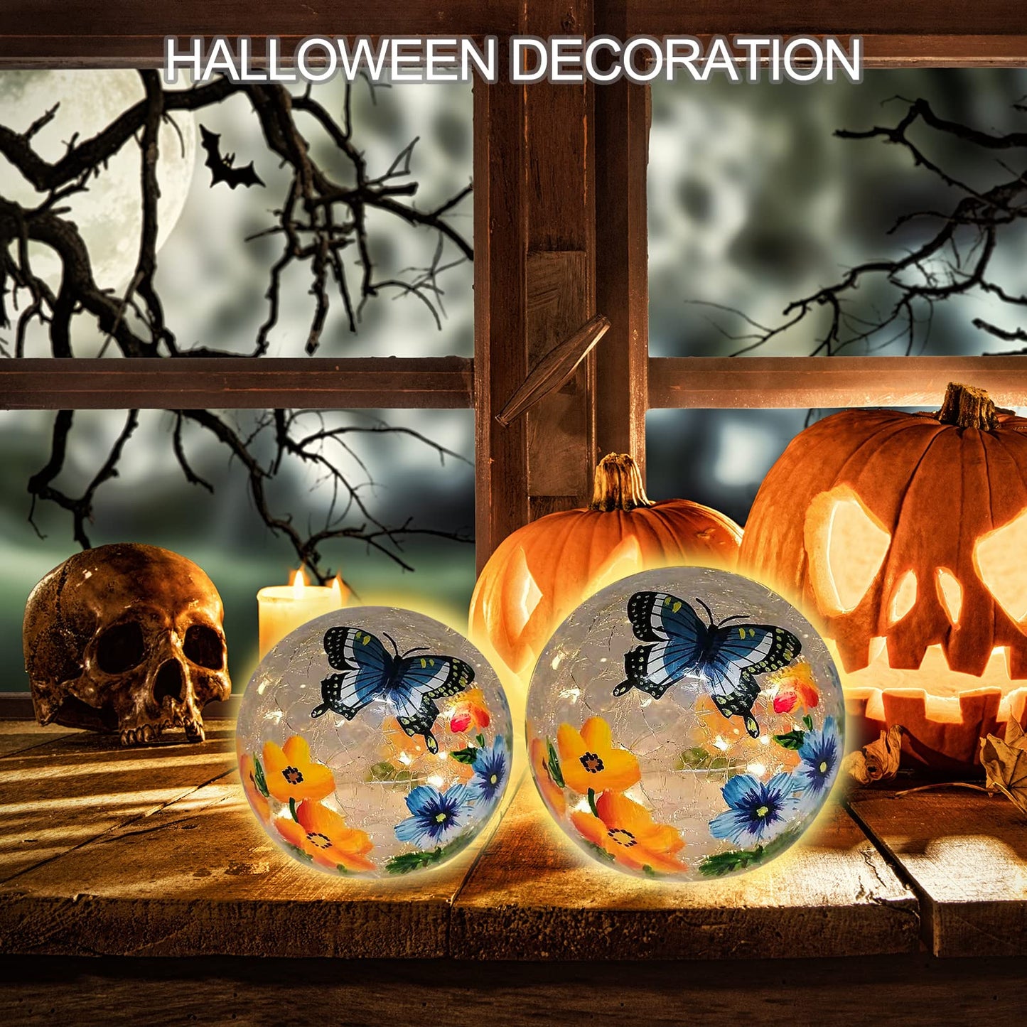 Crackle Glass Ball Light Butterfly Floral Pattern LED Night Light Indoor Tabletop Decorative Sphere Lamp for Home Decor Christmas Birthday Wedding Girls Women's Gift (1 Pack)