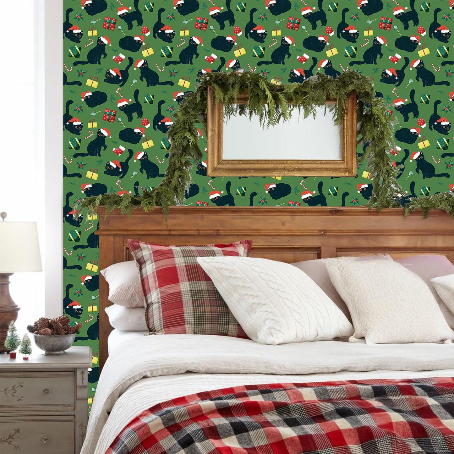 IARTTOP Christmas Cat Wallpaper Peel and Stick Christmas Party Contact Paper for Cabinets Black Cats Santa Hats Wallpaper Candy Cane Green Xmas Backdrop for Holiday Bedroom Cat Lovers(17.3"X118.1")