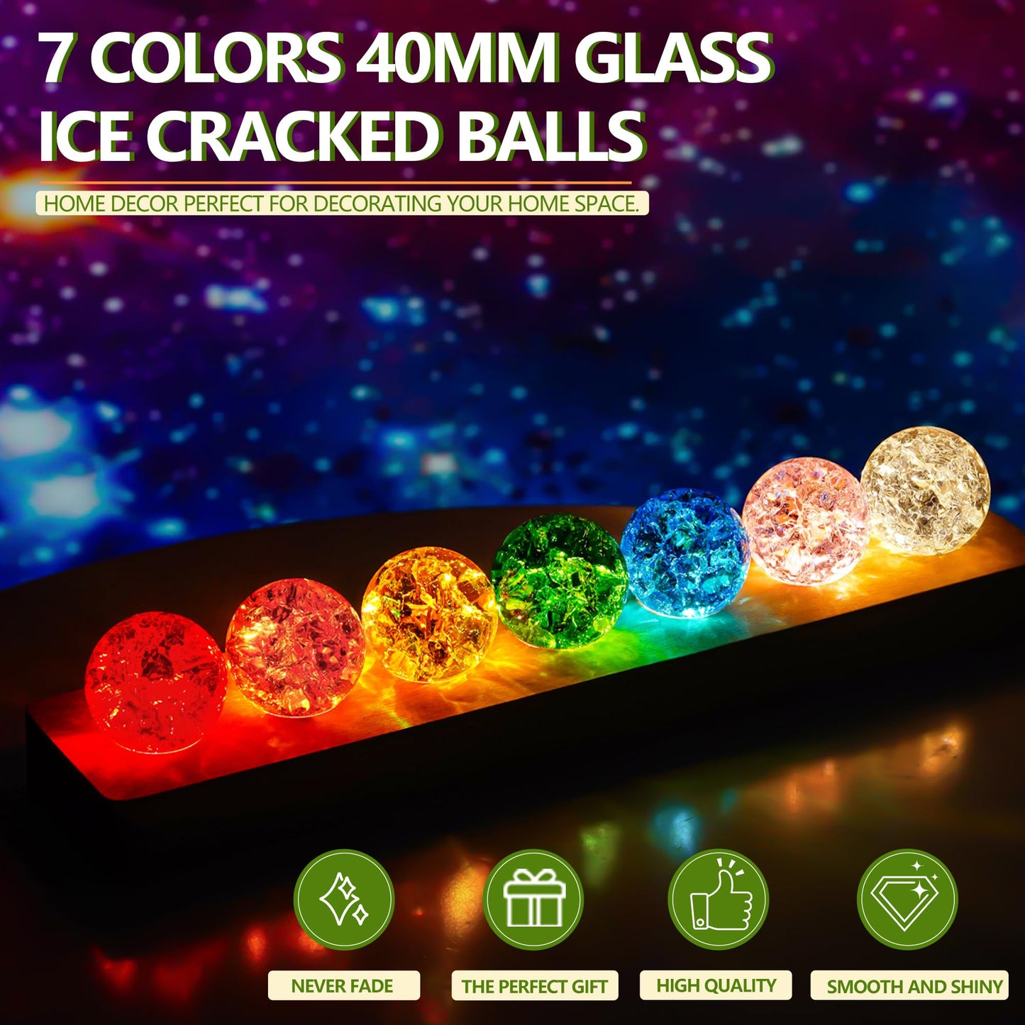 LOULIQIGIFT 7 Colors Ice Cracked Balls with LED Wooden Base 40mm Healing Sphere Balls Set Crystal Chakra Night Light Decor