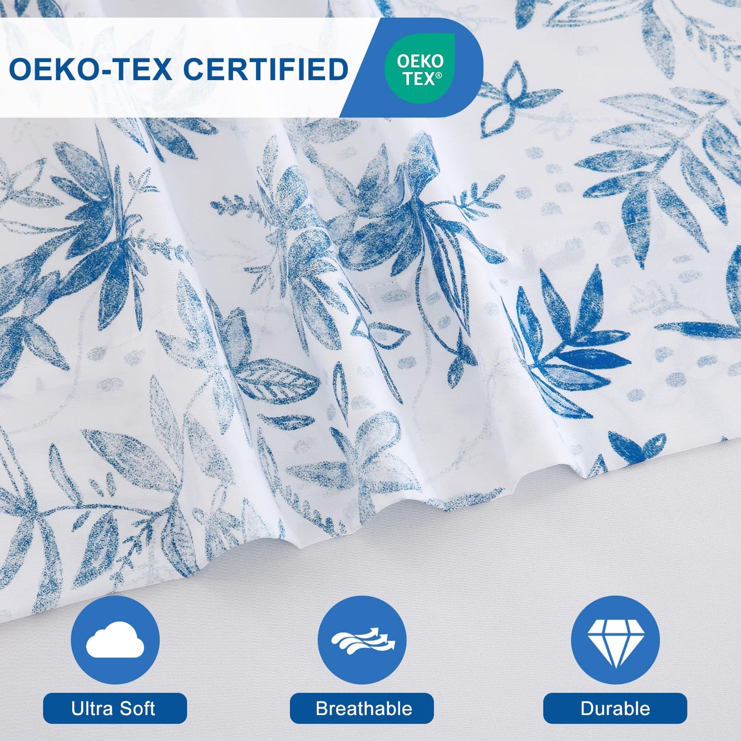 Swiftify Botanical Full Size Sheets Set 6-Piece, Boho Floral Brushed Microfiber Sheets, Cooling Bed Sheet Set, Soft & Breathable, 16' Deep Pocket Fitted Sheet & Pillowcase Set, Blue Fern Whisper