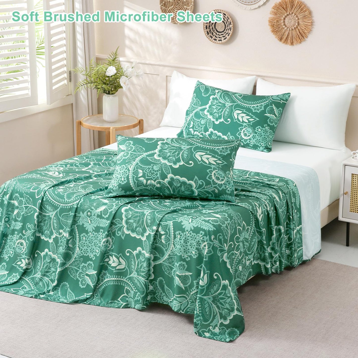 Botanical 6-Piece Full Size Sheets Set, Boho Floral Print Brushed Microfiber Sheets, Cooling Bed Sheet Set, Ultra Soft & Breathable, 16' Deep Pocket Fitted Sheet & Pillowcase Set, Green Paisley