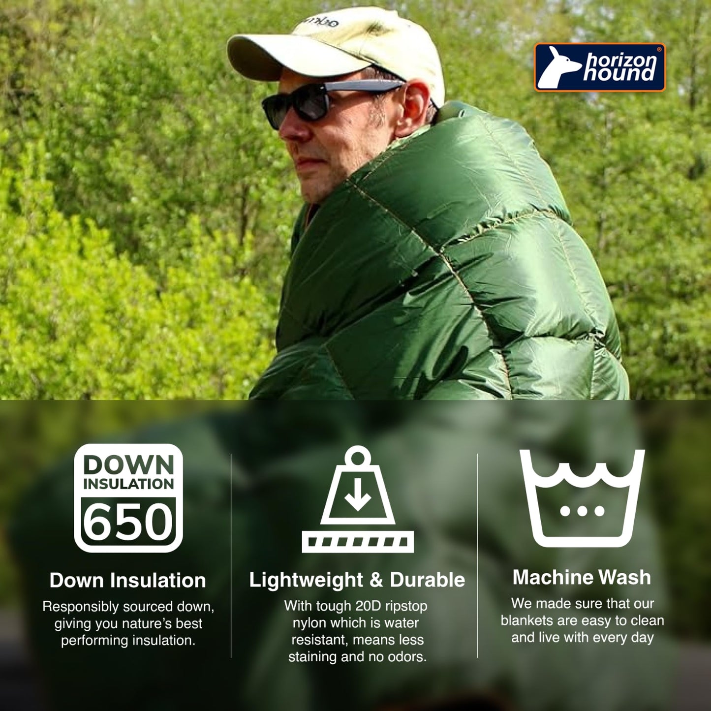 Horizon Hound Down Camping Blanket - Trek, Green Travel Blanket | Sustainable Insulated Down | Lightweight & Warm Quilt for Camping, Stadium, Hiking & Festival | Water Resistant, Packable & Compact