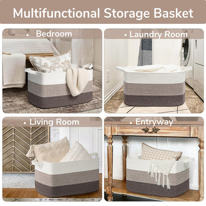 Goodpick Large Woven Storage Basket, 21.6"x14.9"x11.8", Blanket Storage for Bedroom and Living Room, Rectangle Rope Baskets for Storage, White Brown