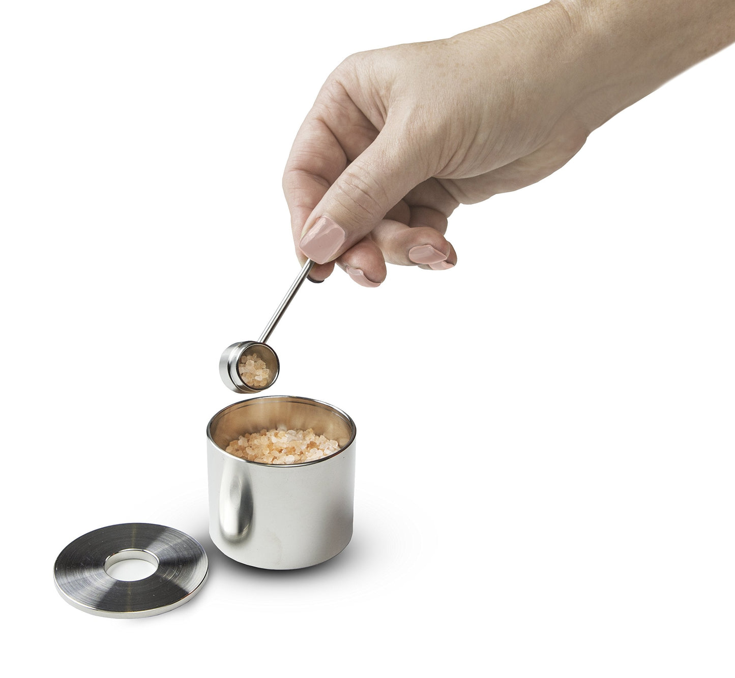 Grind Gourmet Salt Cellar, Spice Jars Stainless Steel, Storage Spice Jars With Spoon Solid Stainless Steel Holder (1.58", Silver)