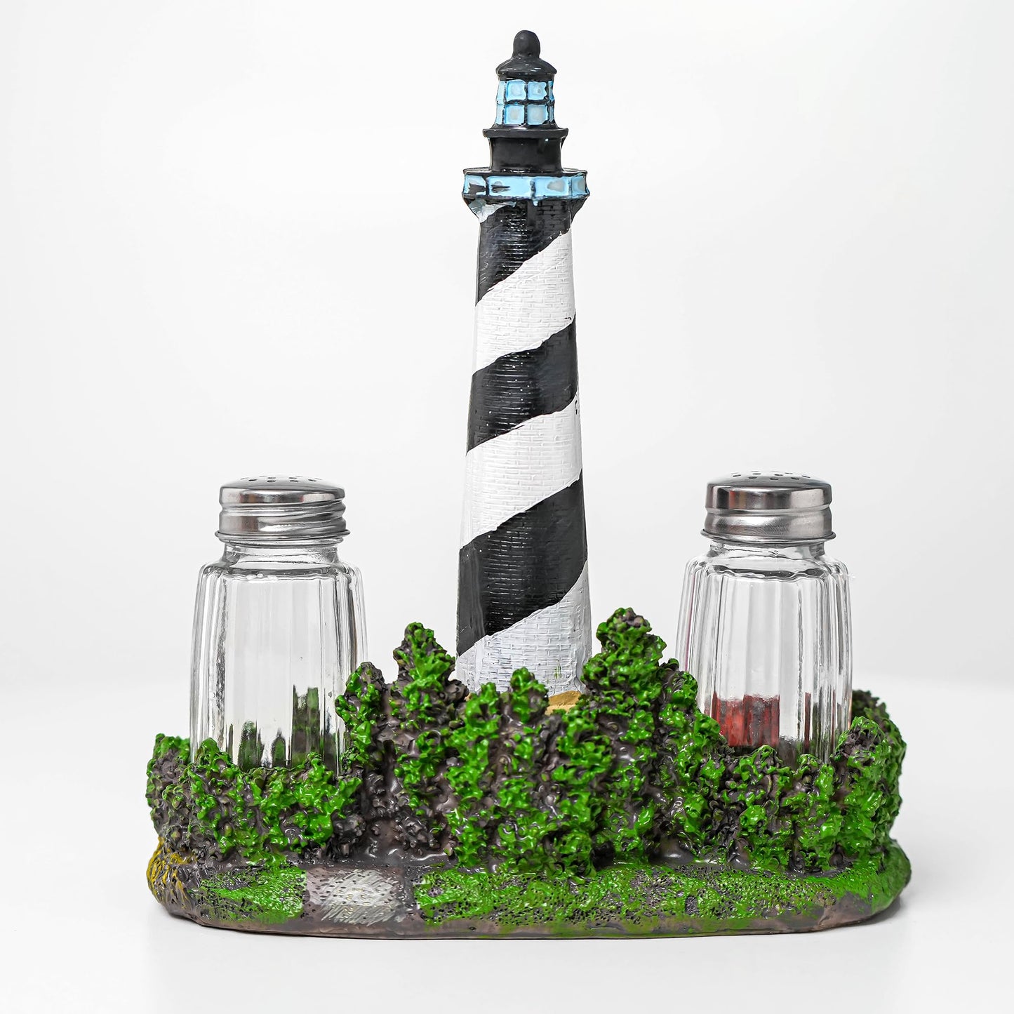 Coastal Lighthouse Salt and Pepper Shaker Set - Bodie Island Lighthouse Decor with Glass Seasoning Bottles, Nautical Kitchen Decor for Beach House, Coastal Themed Accessories and Table Centerpiece