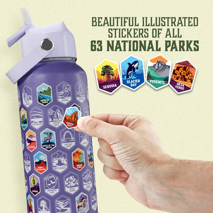 Trekking The National Parks Water Bottle with 63 Waterproof Stickers & 3 Lids (Straw, Spout, & Chug) | 32 Oz Insulated Wide Mouth Stainless Steel Bottle | BPA-Free and Leak-Proof - PURPLE