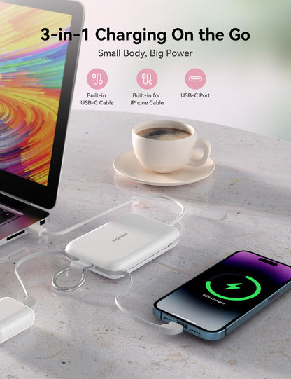 RORRY Portable Charger, 10000mAh PD 30W Fast Charging Portable Charger Power Bank with Built-in Cables, Travel Keychain Charger Battery Pack for iPhone 17/16/15/14/13/12, for AirPods 2/3/4/Pro, Green