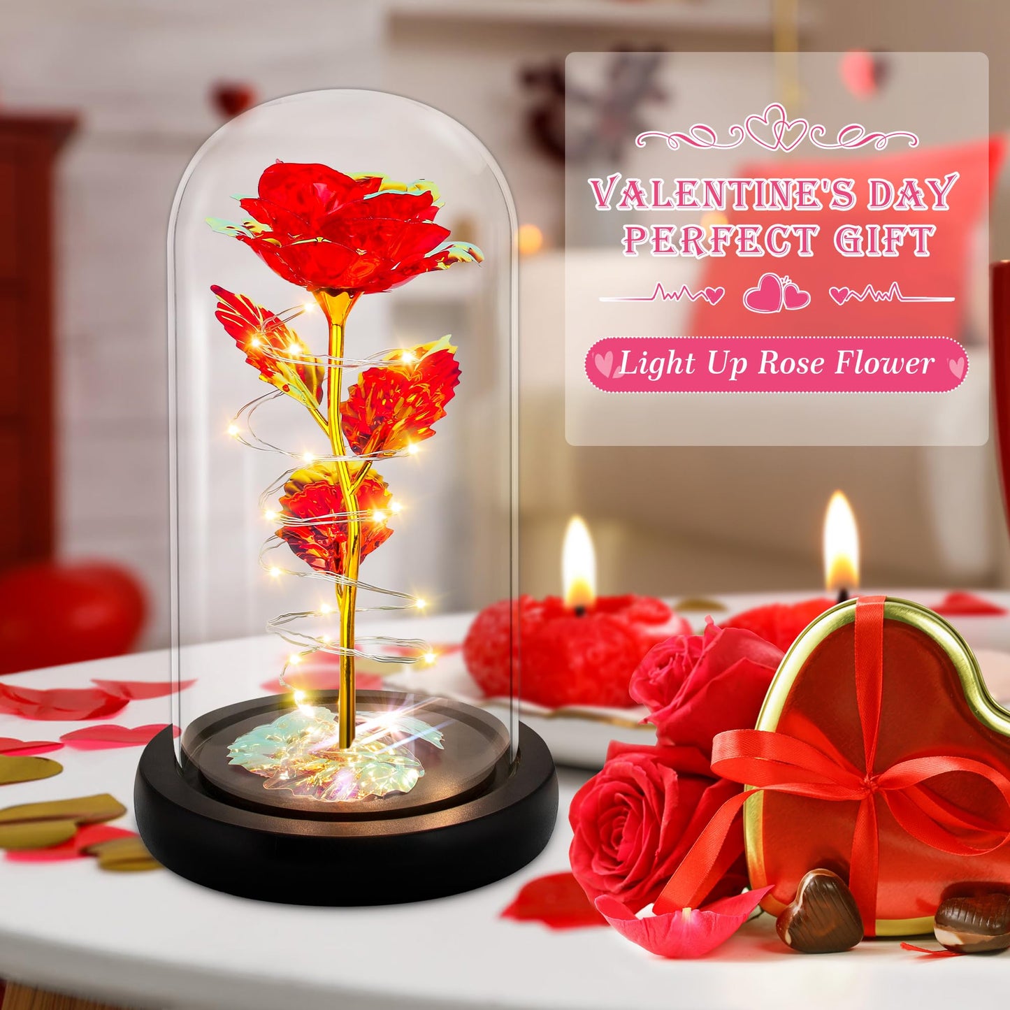 Childom Valentines Day Rose Gifts for Her,Birthday Gifts for Women Mom Mothers Day,Flowers for Delivery Prime,Red Light Up Rose in A Glass Dome,Anniversary Valentines Rose Gift for Wife Daughter