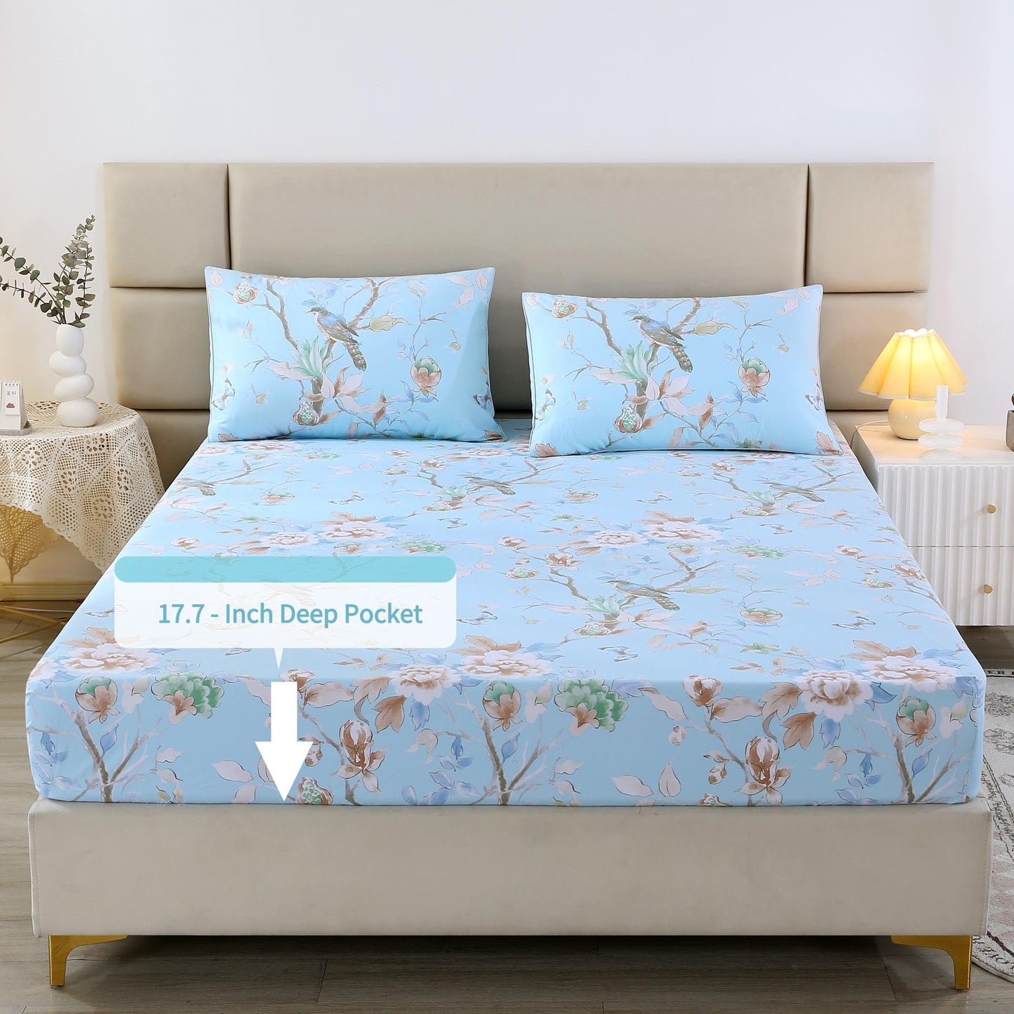 RYNGHIPY Egyptian Cotton Bed Sheet Set Blue Bird Botanical Pattern Bed Sheets Deep Pocket Fitted Sheet Tree Branches Print Bedding Soft Breathable (Light Blue,Queen Size)