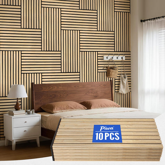 PIWA Wood Slat Acoustic Wall Panels, 10 Packs 23.6" x 11.8" Oak Soundproof Panel for Interior Wall Decor Noise Absorbing-3D Textured Wooden Panel Sound-Absorbing for Home, Office, Studio