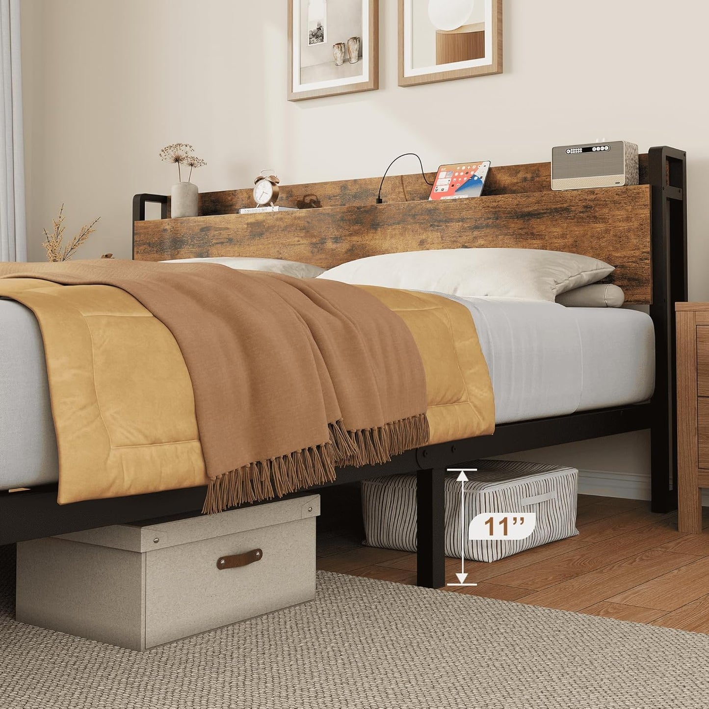 GarveeHome King Size Bed Frame Charging Station with 2 USB Ports & 2 AC Outlets, Heavy Duty Metal Bed Frame with Wooden Headboard and Footboard, No Box Spring Needed, Easy to Assemble, King Size