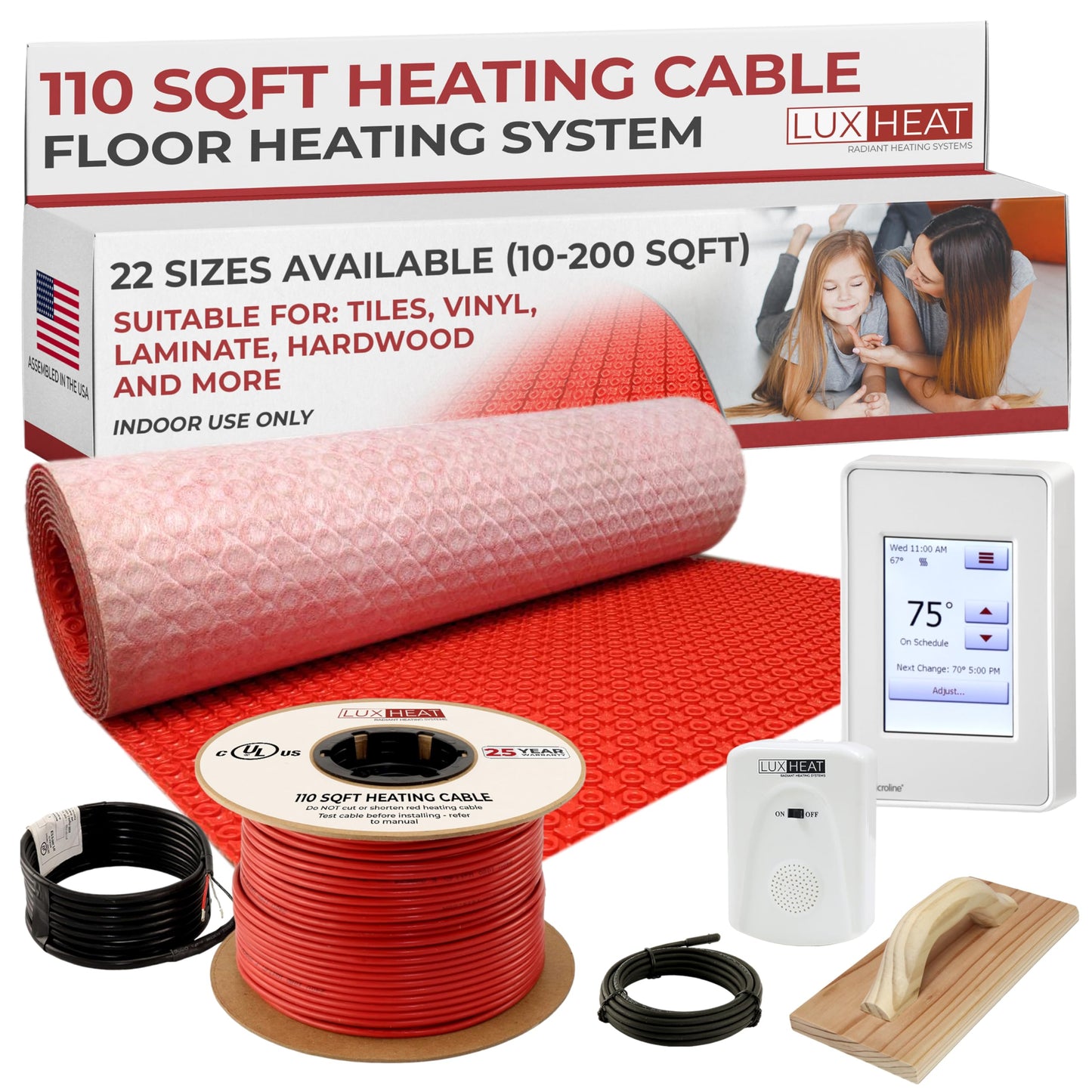 LuxHeat 110sqft Electric Radiant Floor Heating System - 120v Radiant Floor Heat System - Includes UDG4 Programmable Thermostat w/GFCI, Heater Cable, Uncoupling Membrane, Flooring Sensor & Alarm