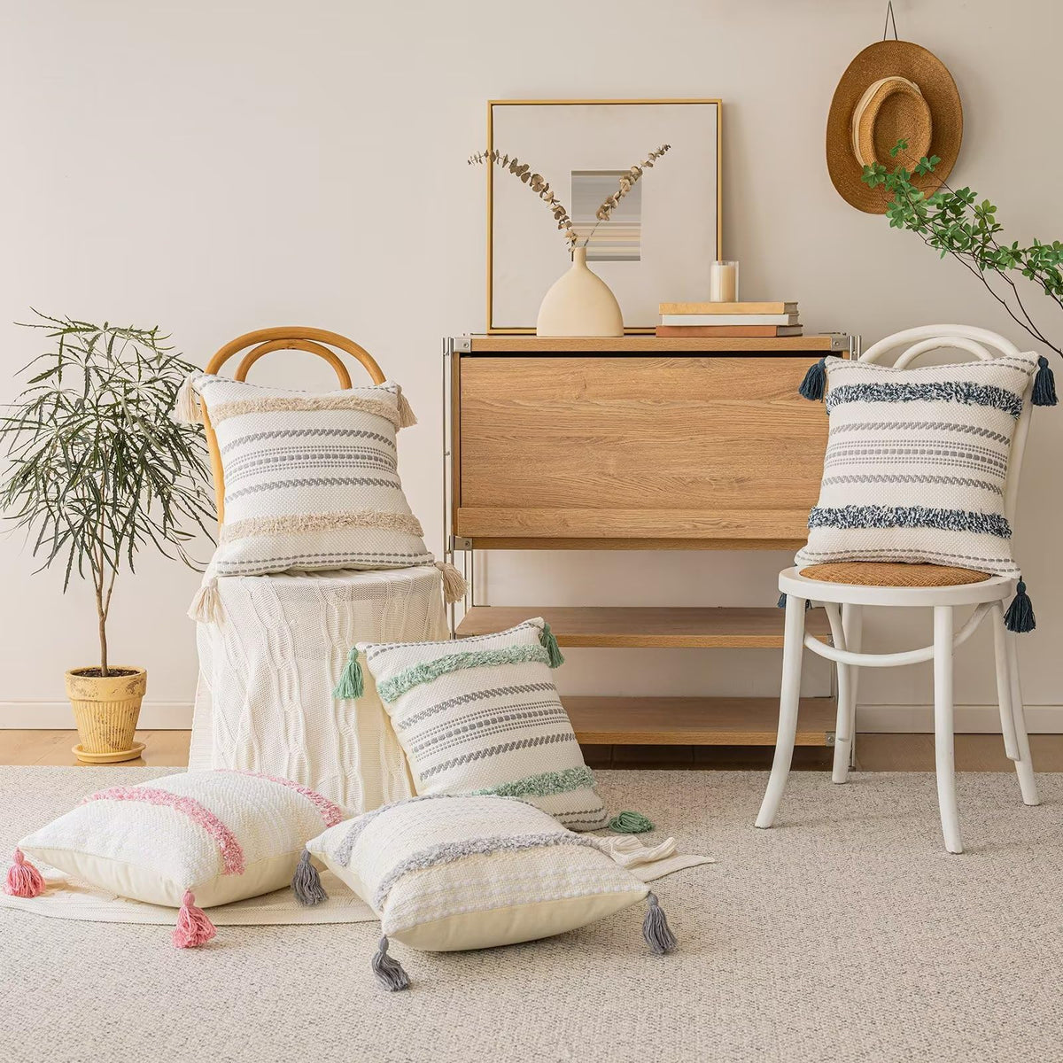 Boho Throw Pillow Covers 20x20 Set of 2 Woven Tufted Farmhouse Pillows Cover with Tassels Textured Striped Cushion Case Neutral Pillow Cases Decorative Pillowcase for Sofa, Couch, Bed, Light Green