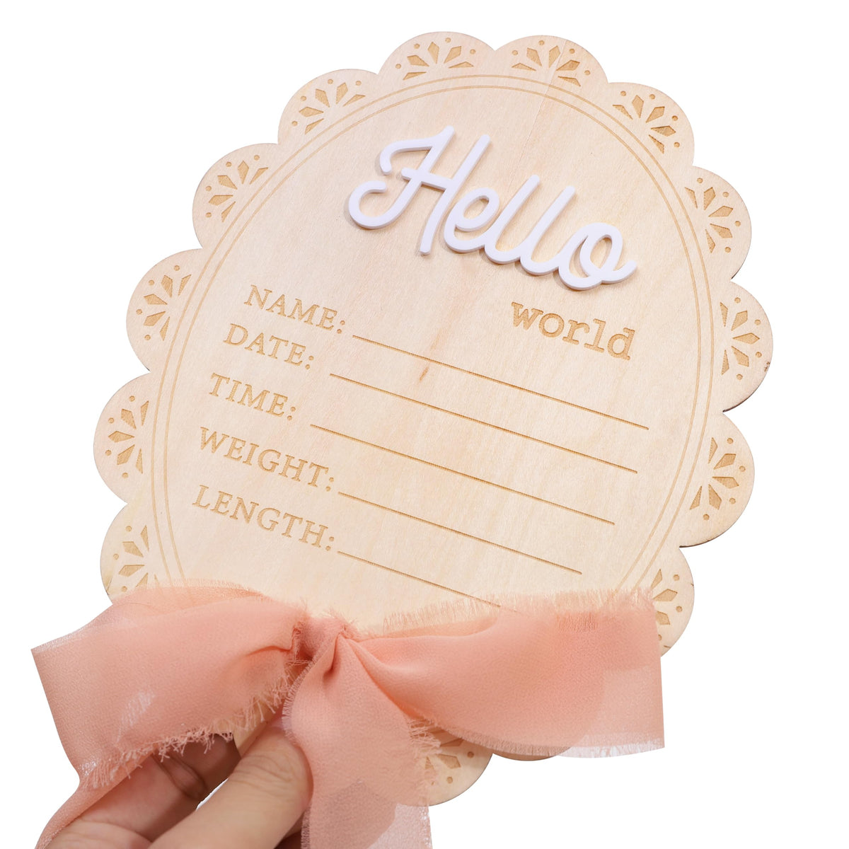 Girls Hello World Wood Sign - Newborn Birth Announcement Plaque, Scallop Edge Wooden Sign Disc, Hospital Name Welcome Baby Photo Props, Baby Shower Keepsake Gifts