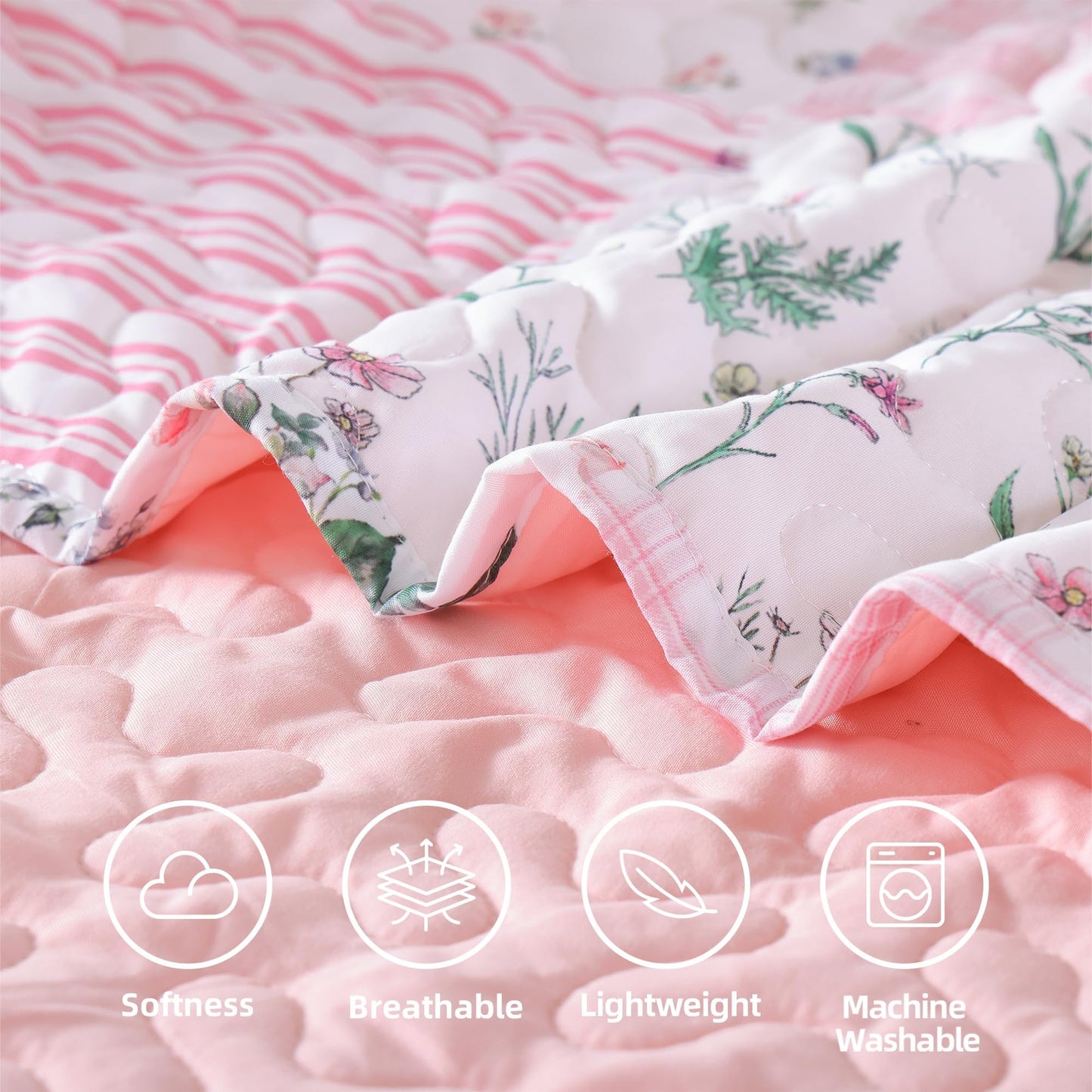 YIKUSH Floral Quilt Set Queen Size – Ultra Soft Lightweight Bedspread, 3 Piece Pink Bedding Set (90"x90") with Pillowcases (20"x26"), All Season Coverlet for Bedroom & Guest Room