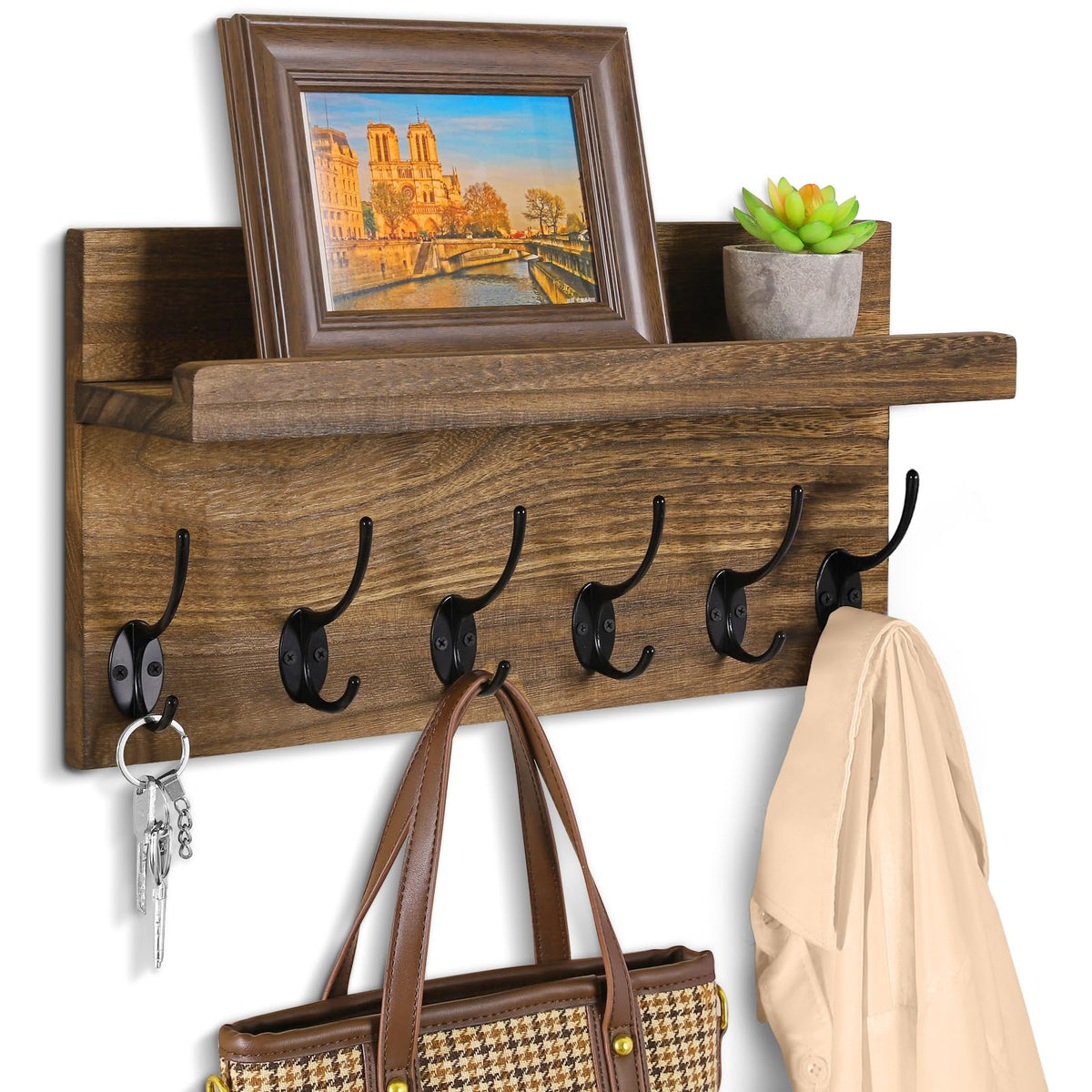 HRONRAD Coat Rack Wall Mount, 17” Wooden Key Holder for Wall, Farmhouse Shelf with Hooks for Hats Towels Clothes, Home Decor for Entryway, Bathroom, Kitchen, Rustic Brown