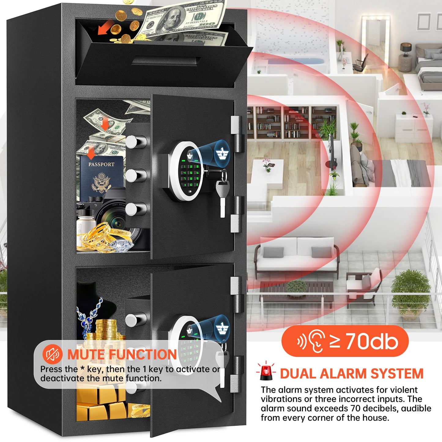 Omethey 6.5 Cu ft Extra Large Home Safe Box Fireproof Waterproof with Drop Slot, Digital Drop Safe with Double Door & Key Hook, Money Safes with Backlit Keypad & Dual Alarm for Home Office Business