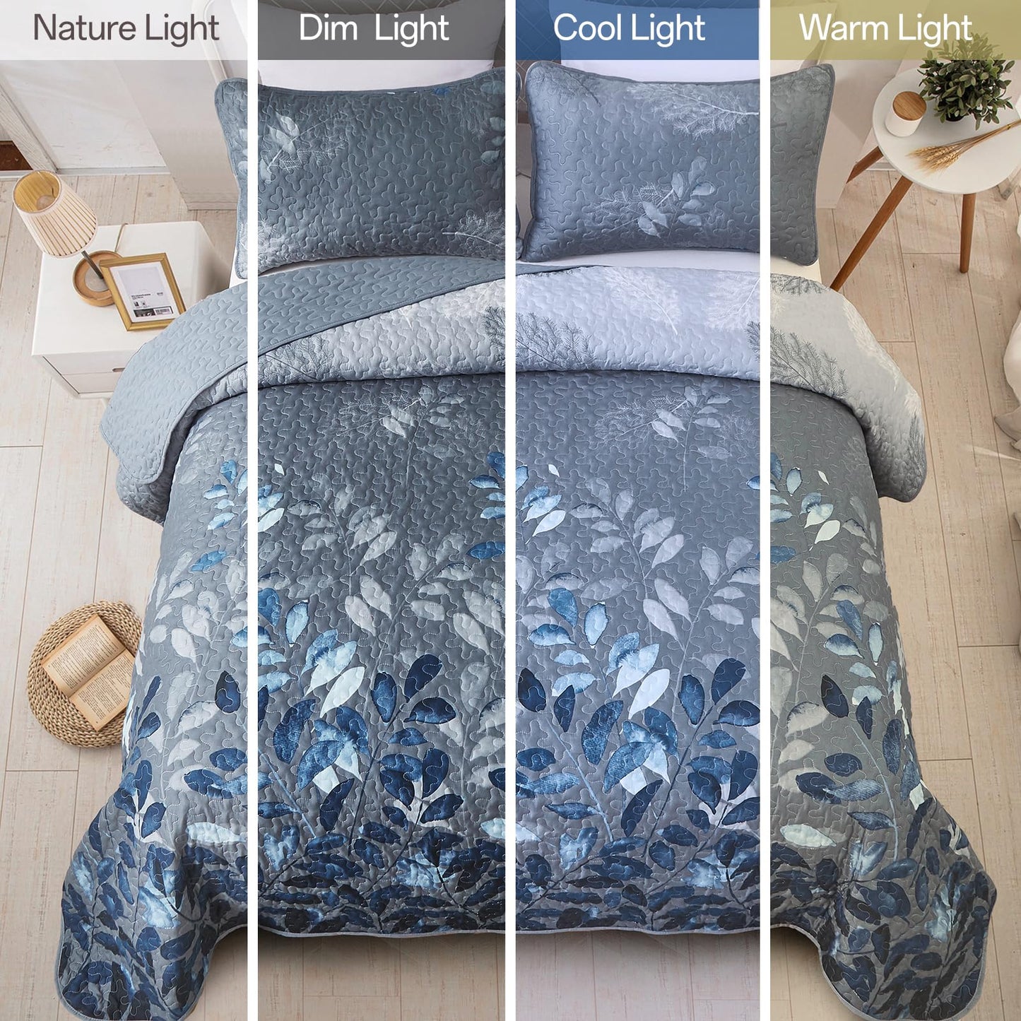 WONGS BEDDING Blue Quilt Set Queen Size,3 Pieces Navy Blue Floral Bedspread Coverlet Set,Soft Microfiber Lightweight Grayish Blue Gradient Floral Bedding Set Queen 96"x90"