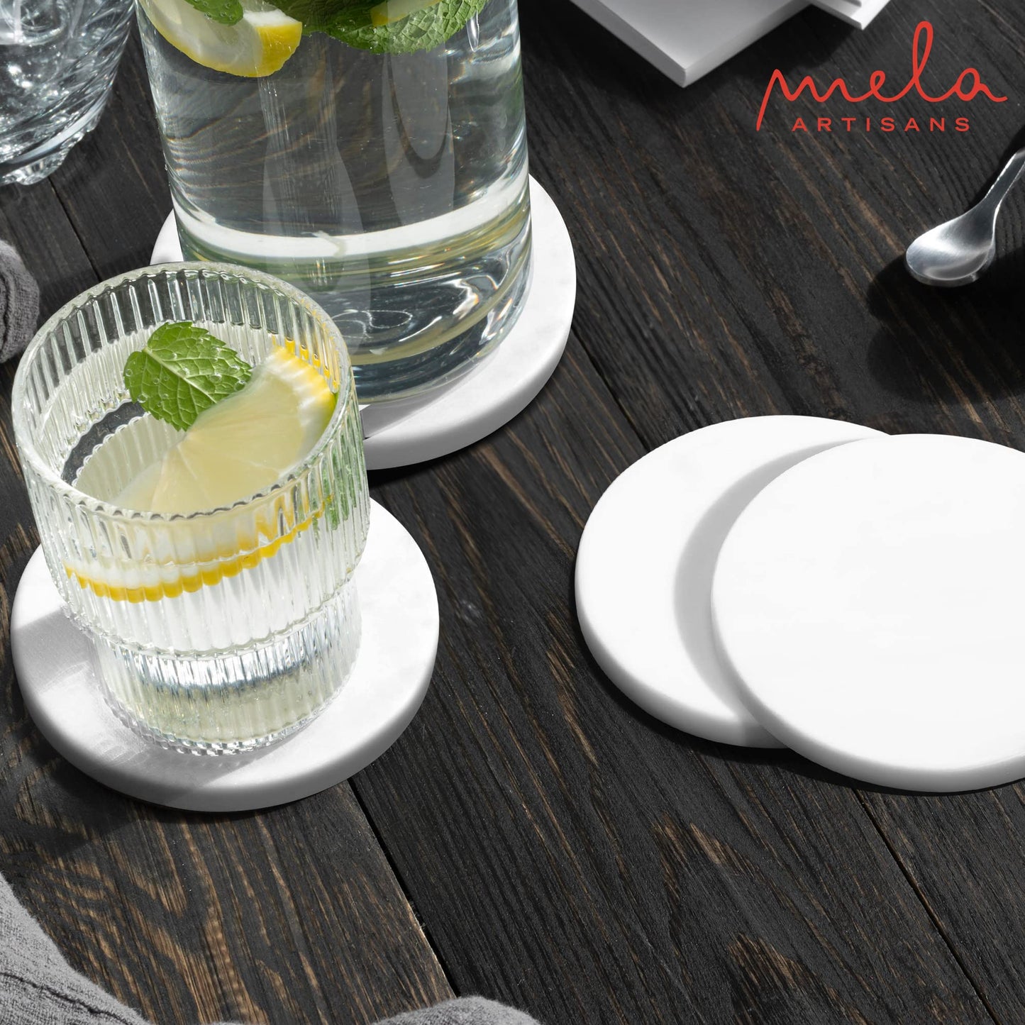 Mela Artisans White Marble Coasters Set of 4 – Round Stone Coasters for Drinks – Elegant White Coffee Table Decor – Handcrafted Natural Marble Cup Mat for Wine, Water & Beer