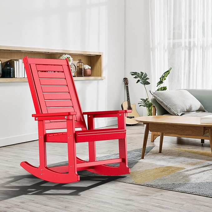 GREENVINES Outdoor Rocking Chairs | Porch Rocker | HDPE Plastic | Red | Oversized Rockers | High Back | Big & Tall | Ladder Back | for Patio Outside Backyard Balcony Garden