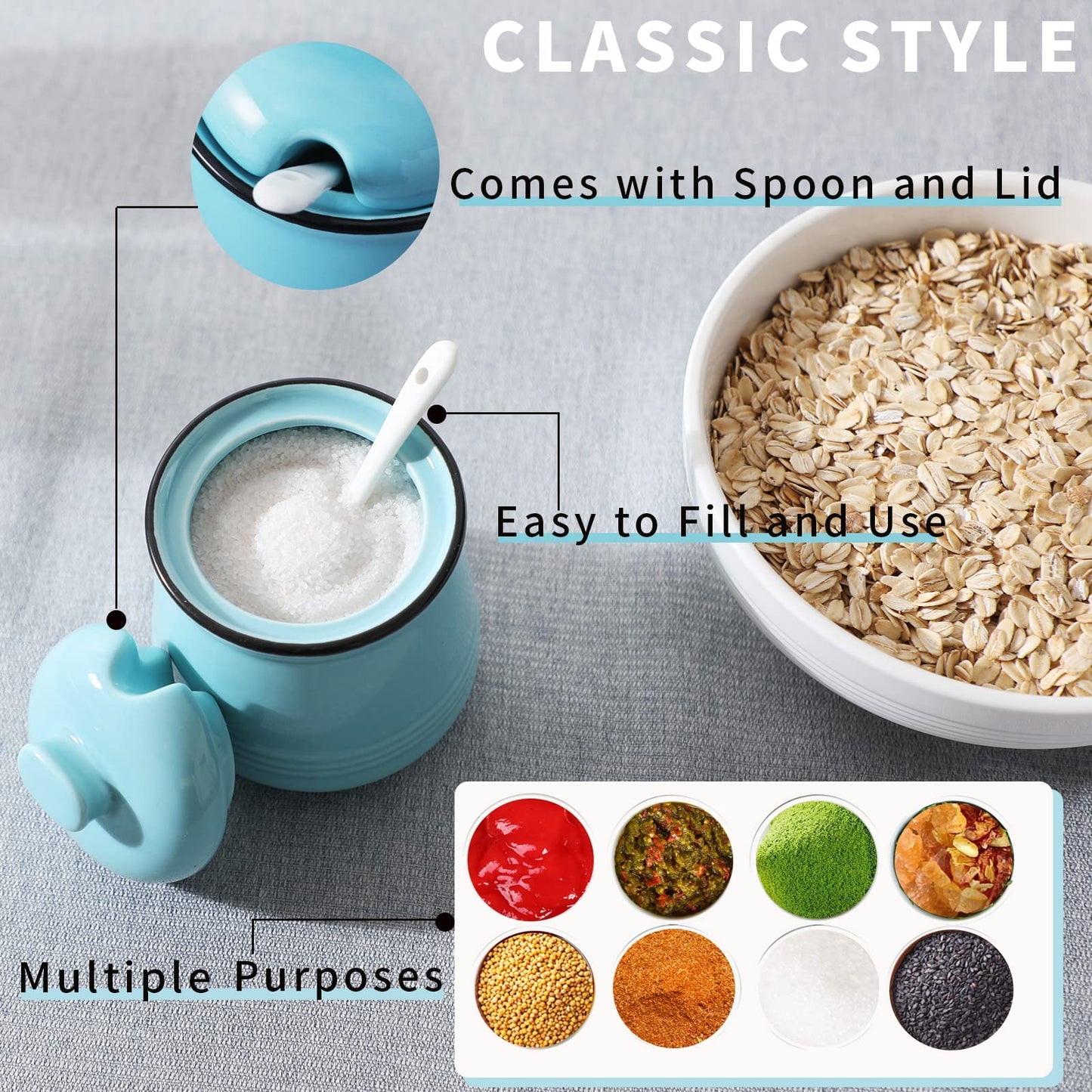 HAOTOP Porcelain Salt Bowl with Lid and Spoon,Ceramic Sugar Bowl 12oz (Turquoise)