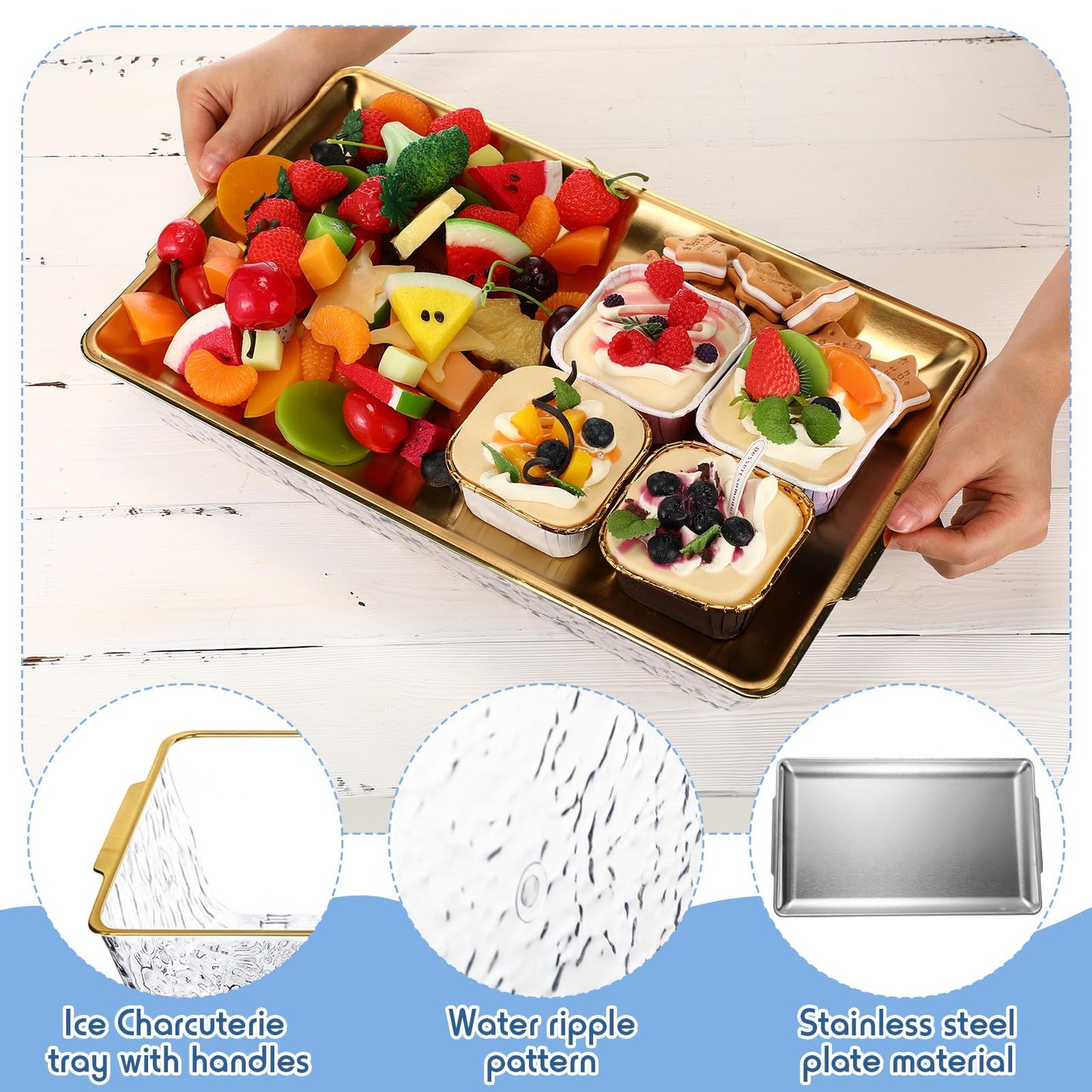 Baderke 1 Set 16" x 9'' Chilled Serving Tray for Parties with Compartments Rectangle Serving Dish Ice Charcuterie Party Platter for Shrimp Fruit Seafood Vegetable Appetizer (Gold)