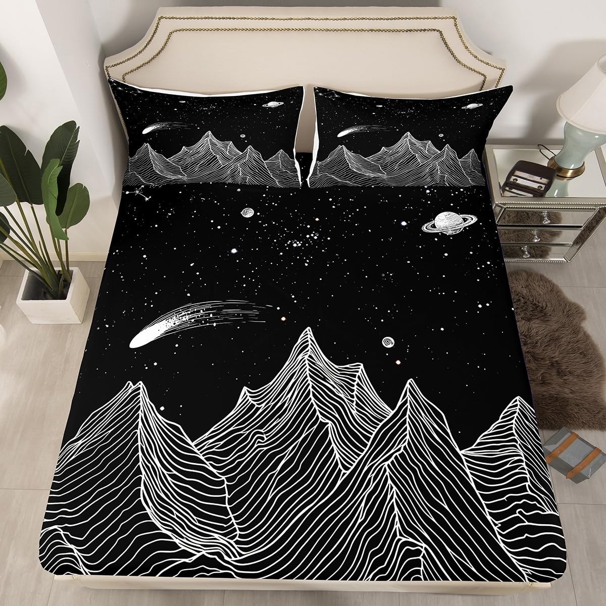 Homewish Mountain Fitted Sheet,Full Size Starry Sky Collections Boho Galaxy Theme,Soft Decorative Fabric Bedding Deep Pocket for Children Teens Young Boys Girls,with 2 Pillowcases