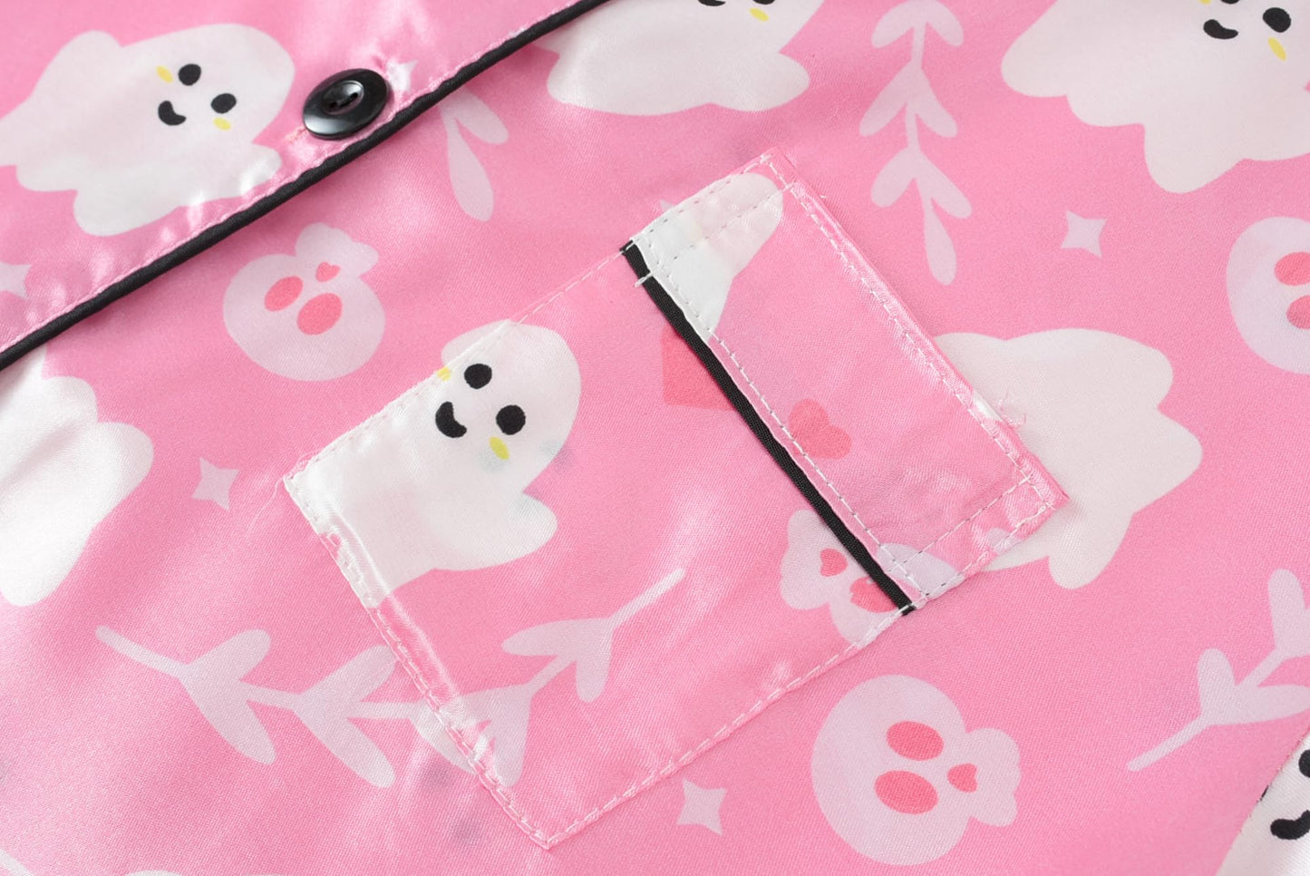 UNICABBIT21 Pink Ghosts Halloween Satin Pajamas for Big Girls Unisex Kids Silk Button Down Long Sleeve & Pants PJS 2PCS Size 10