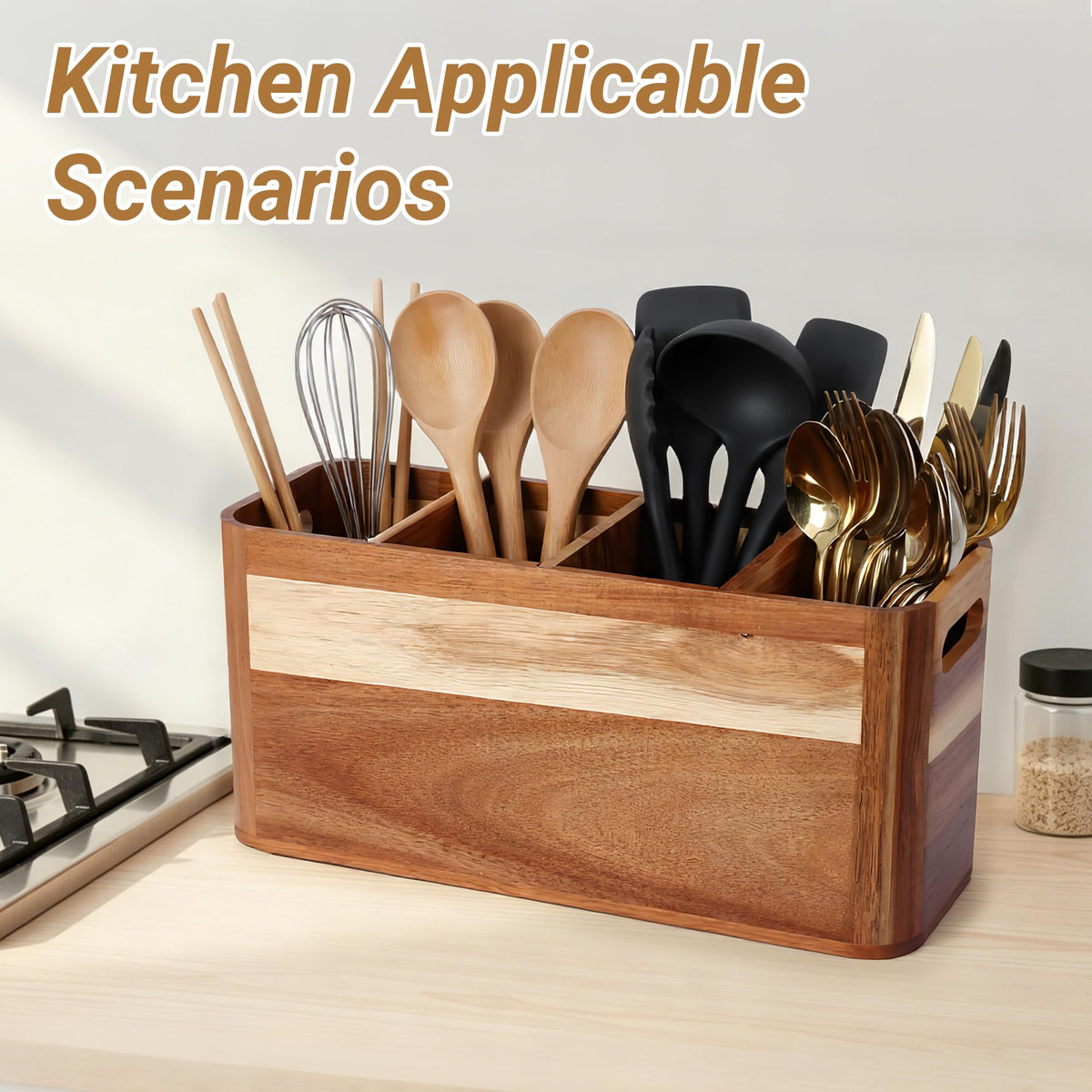 2PC Wooden Kitchen Utensil Holder for Countertop - Wall-mountable Large 4+3 Compartment Acacia Wood Organizer, Rustic Minimalist Utensil Crock for Cooking Tools and Flatware Storage