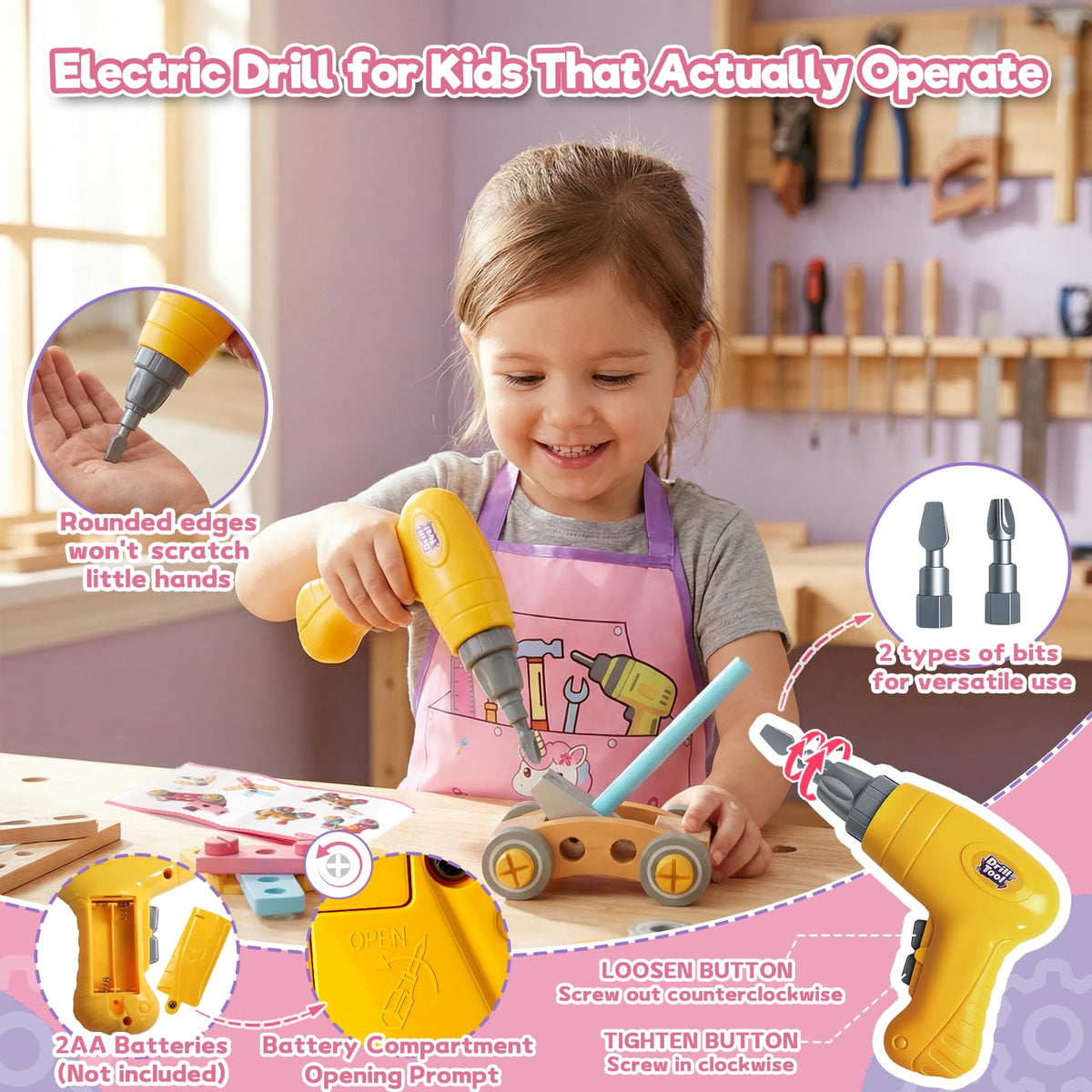Wooden Kids Tool Set with Drill Montessori Toys for 3 Year Old Girl 44Pcs