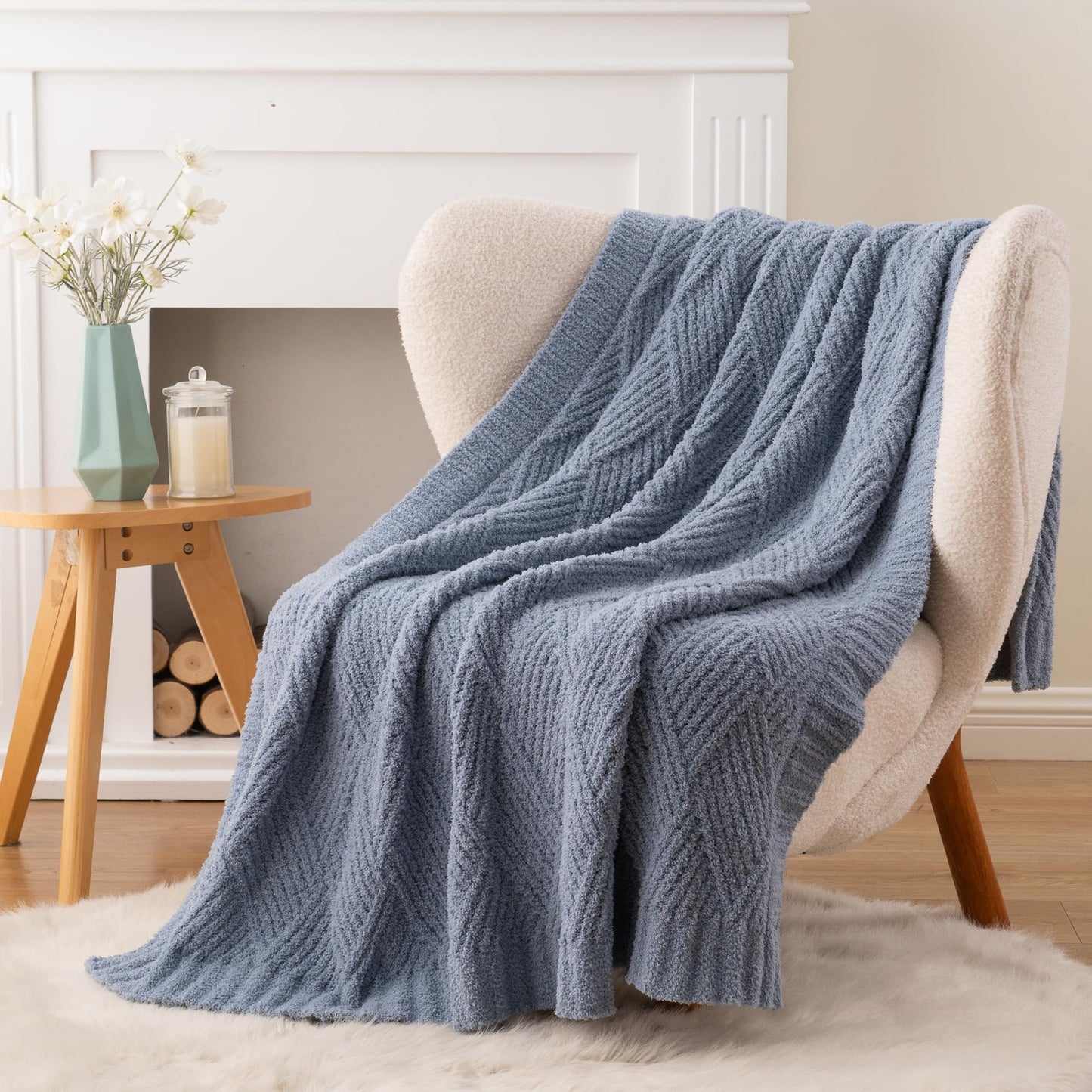 Battilo Dusty Blue Throw Blanket for Couch, Soft Chenille Diamond Knit, Lightweight Cozy Decorative Blanket for Sofa Bed, 50"x60"