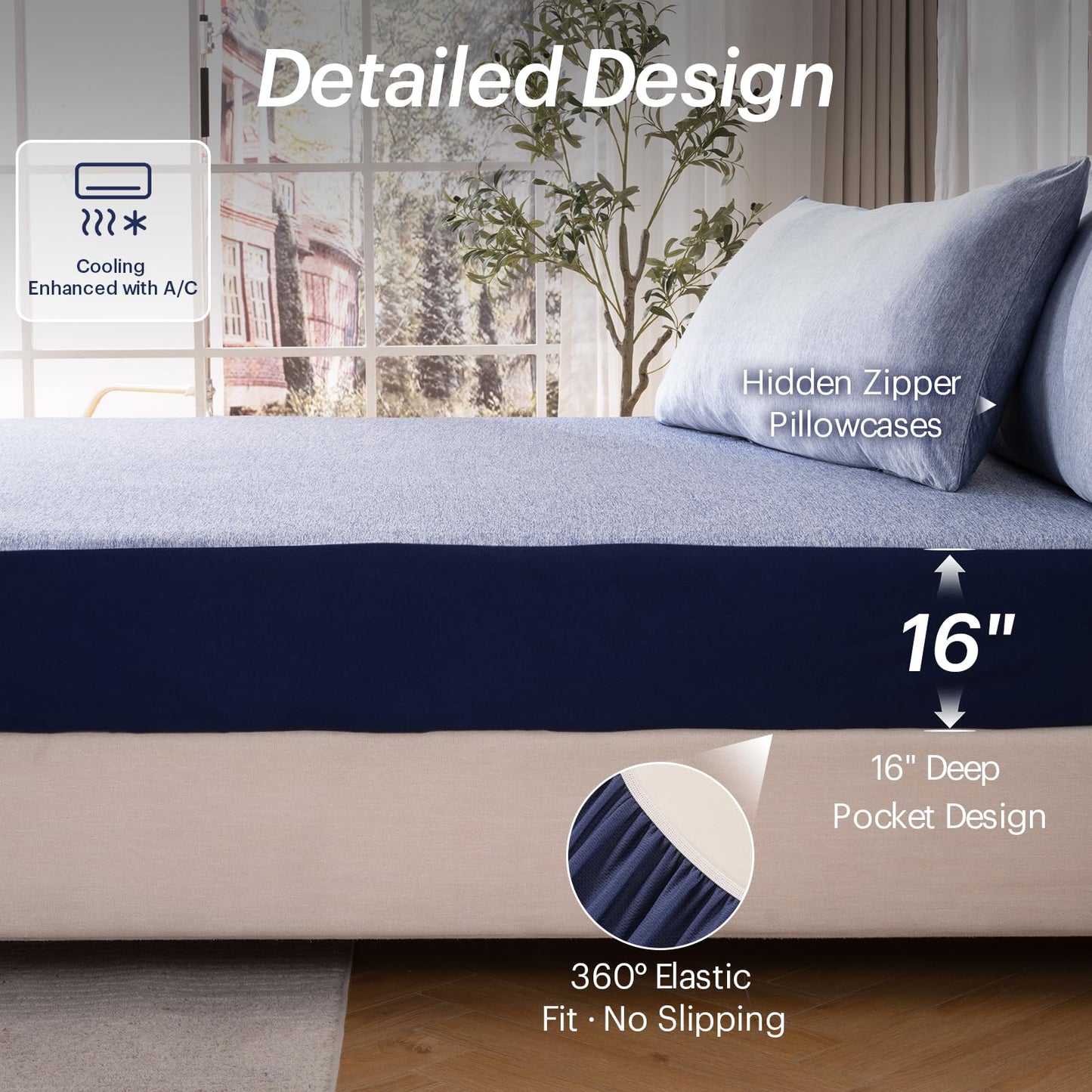 OMERAI 3 Piece Cooling King Size Sheet Set, Bed Sheets Set with 1 Fitted Sheet & 2 Pillowcases, Breathable Cool-to-Touch Fabric, Soft Smooth Deep Pockets Bed Sheets for Summer, Blue