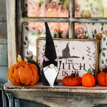 Upltowtme Black Cat Gnome Plush 13.5" Handmade Scandinavian Tomte Figurine Spring Farmhouse Decor Ideal Gift for Women and Cat Lovers